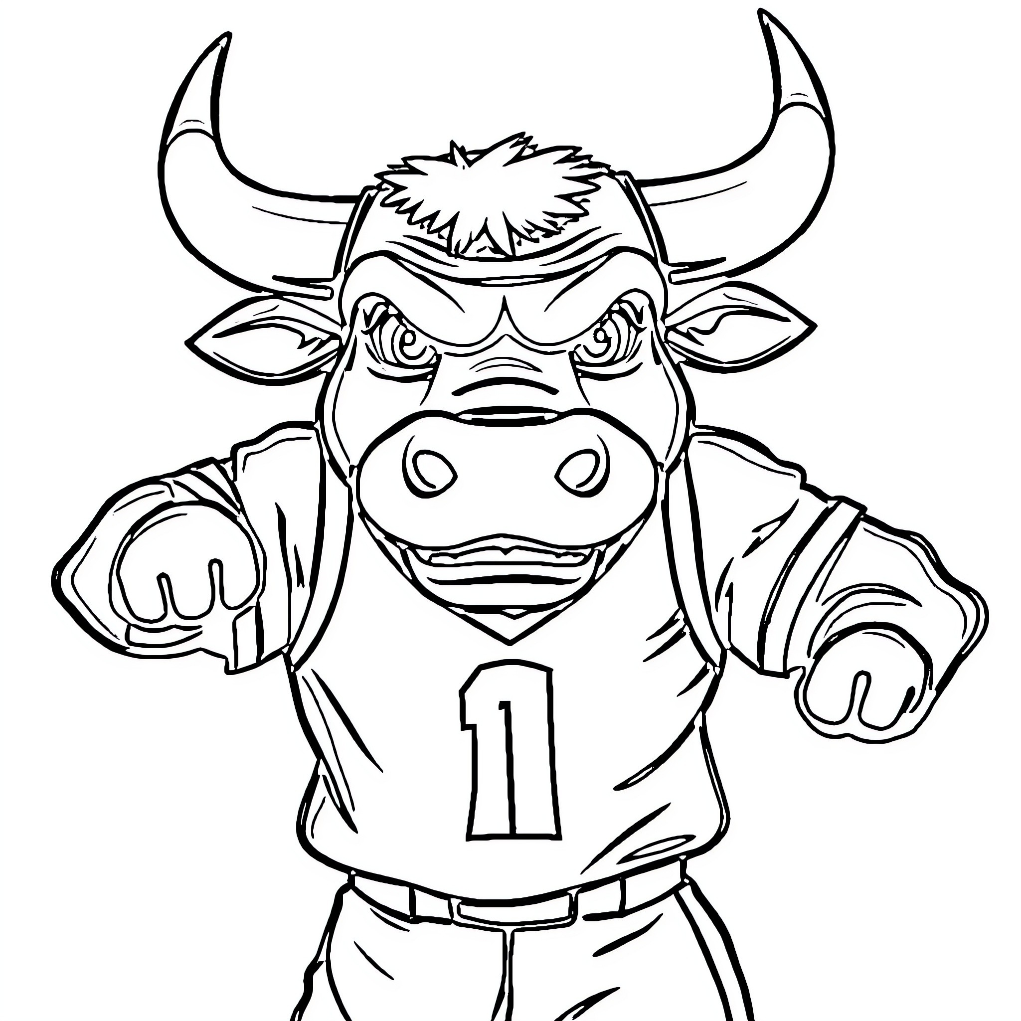 Benny the Bullish Football Player Coloring Page (free black-and-white line drawing printable PDF for all, from beginners to advanced learners, including children, teens, adults, and seniors)