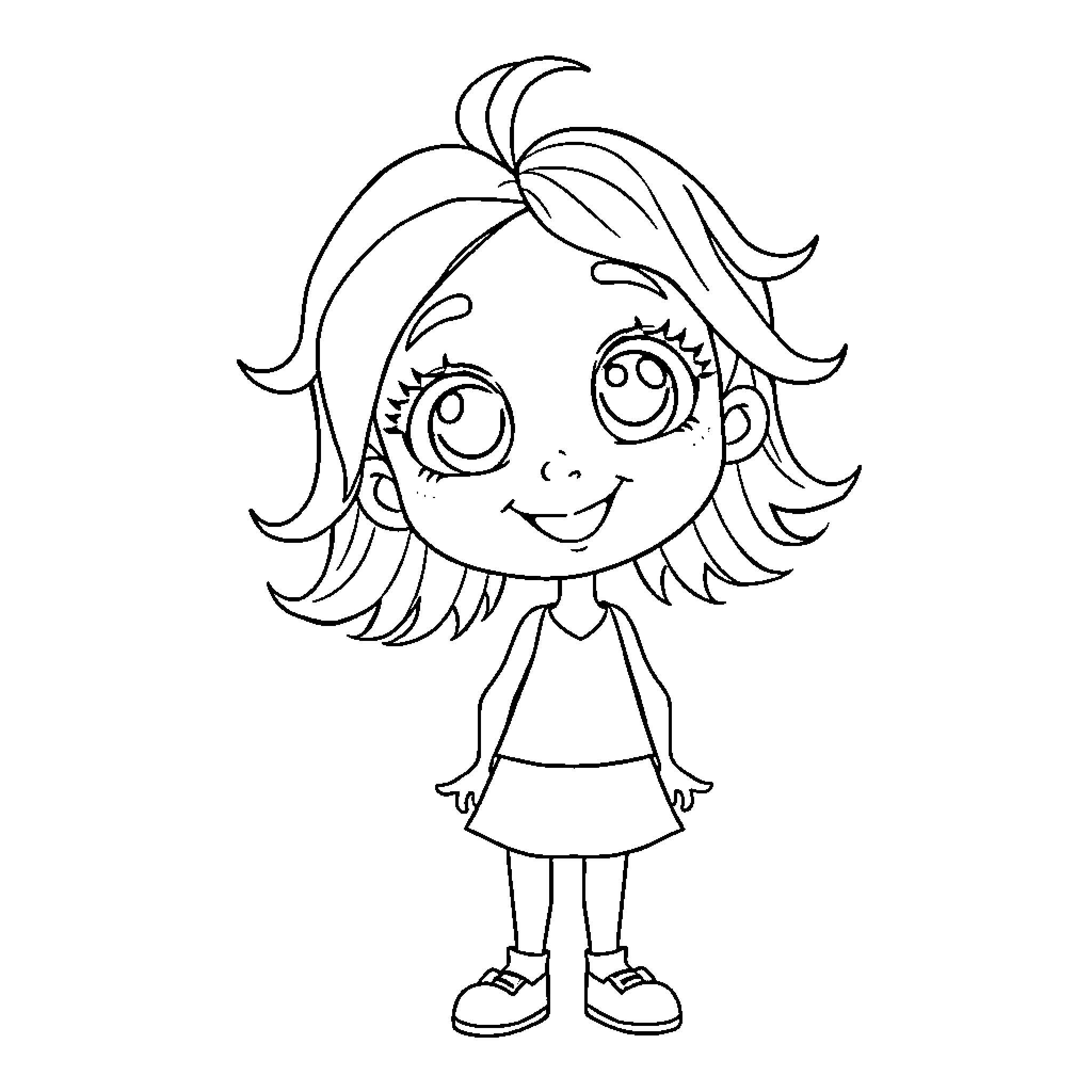 Girl with big eyes and a happy expression Coloring Page (free black-and-white line drawing printable PDF for all, from beginners to advanced learners, including children, teens, adults, and seniors)