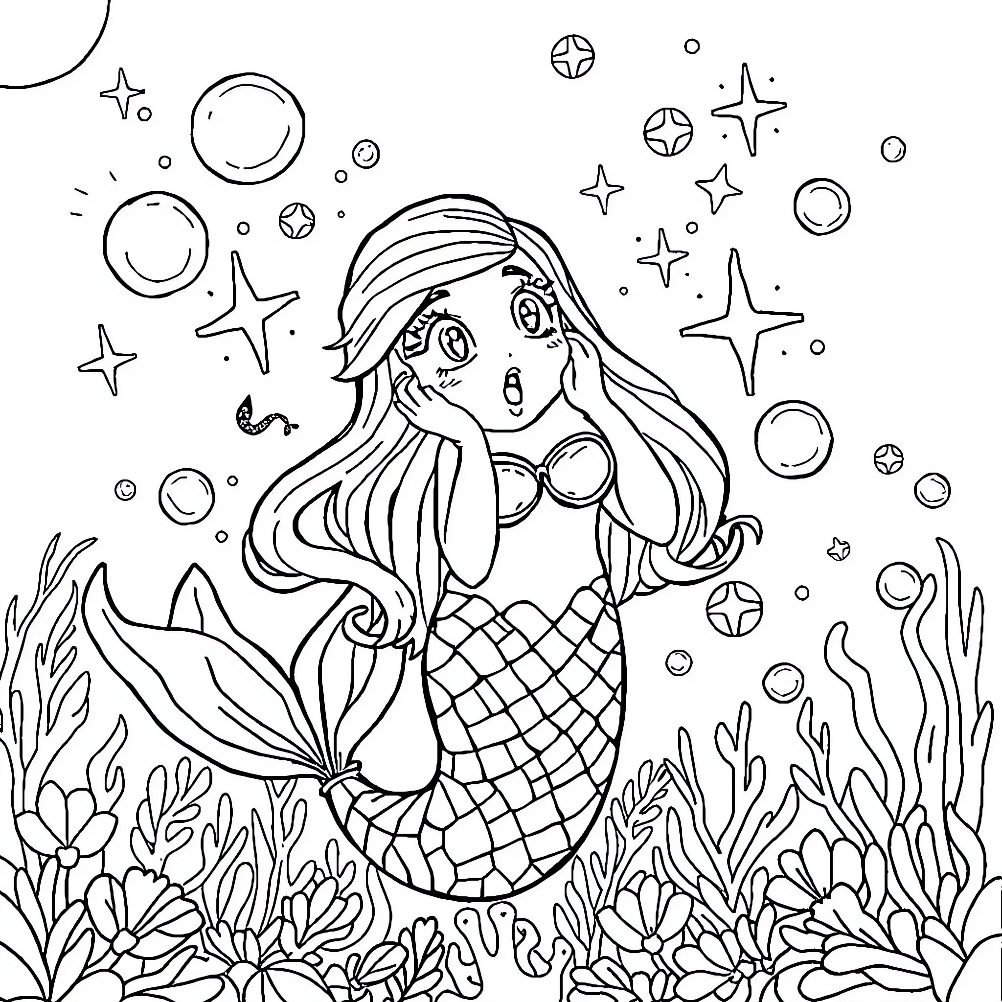 Mermaid exploring the underwater world of wonder Coloring Page (free black-and-white line drawing printable PDF for all, from beginners to advanced learners, including children, teens, adults, and seniors)