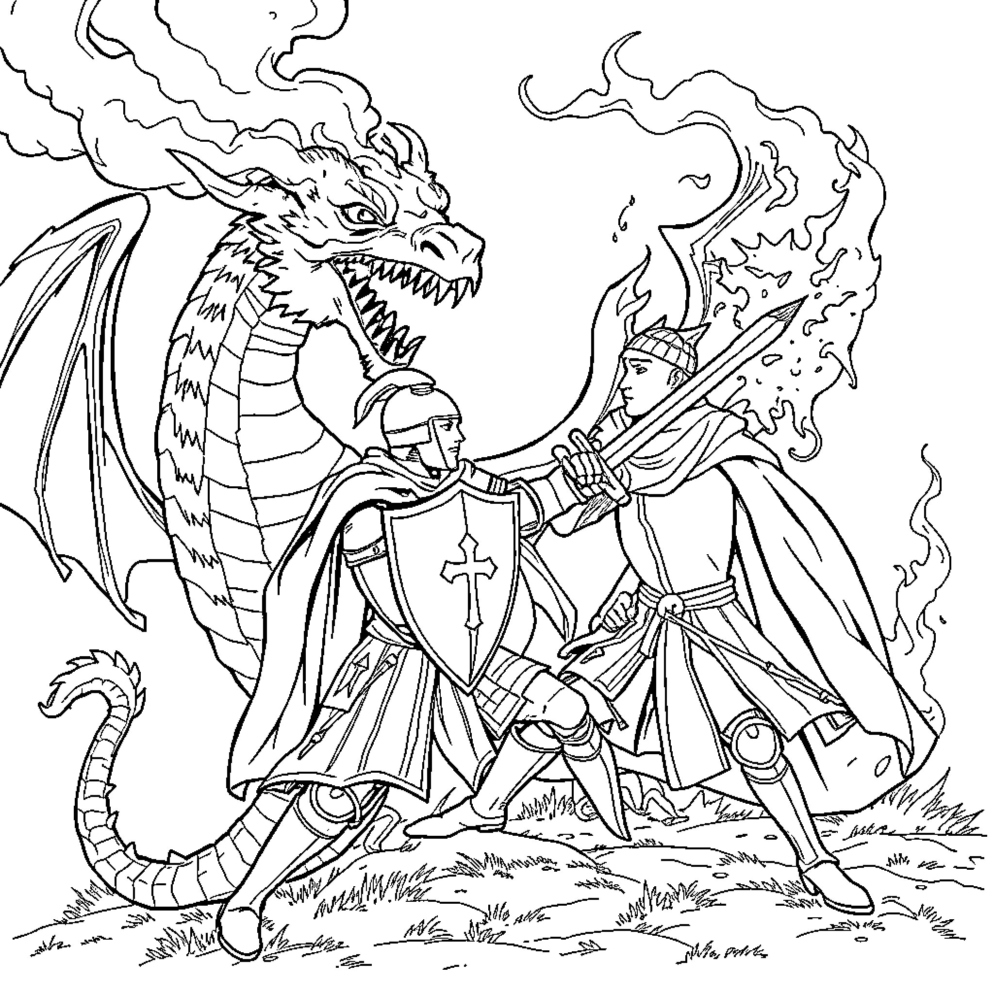 Knight battling a fierce dragon in a dramatic scene Coloring Page (free black-and-white line drawing printable PDF for all, from beginners to advanced learners, including children, teens, adults, and seniors)