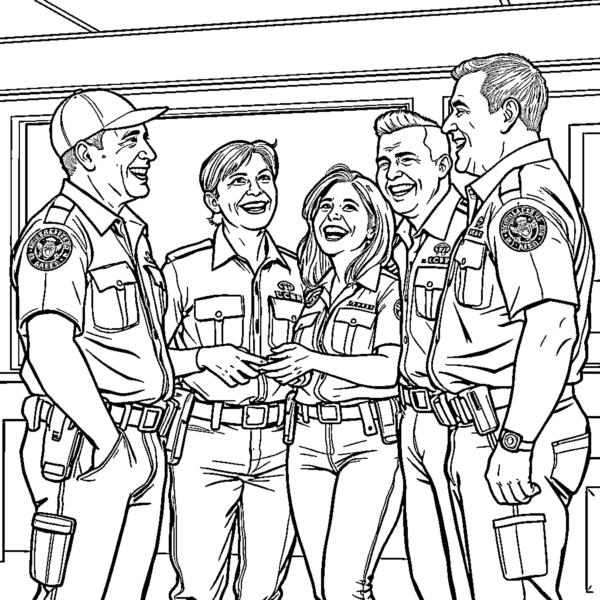 CBP Agents in Friendly Interaction Coloring Page (free black-and-white line drawing printable PDF for all, from beginners to advanced learners, including children, teens, adults, and seniors)
