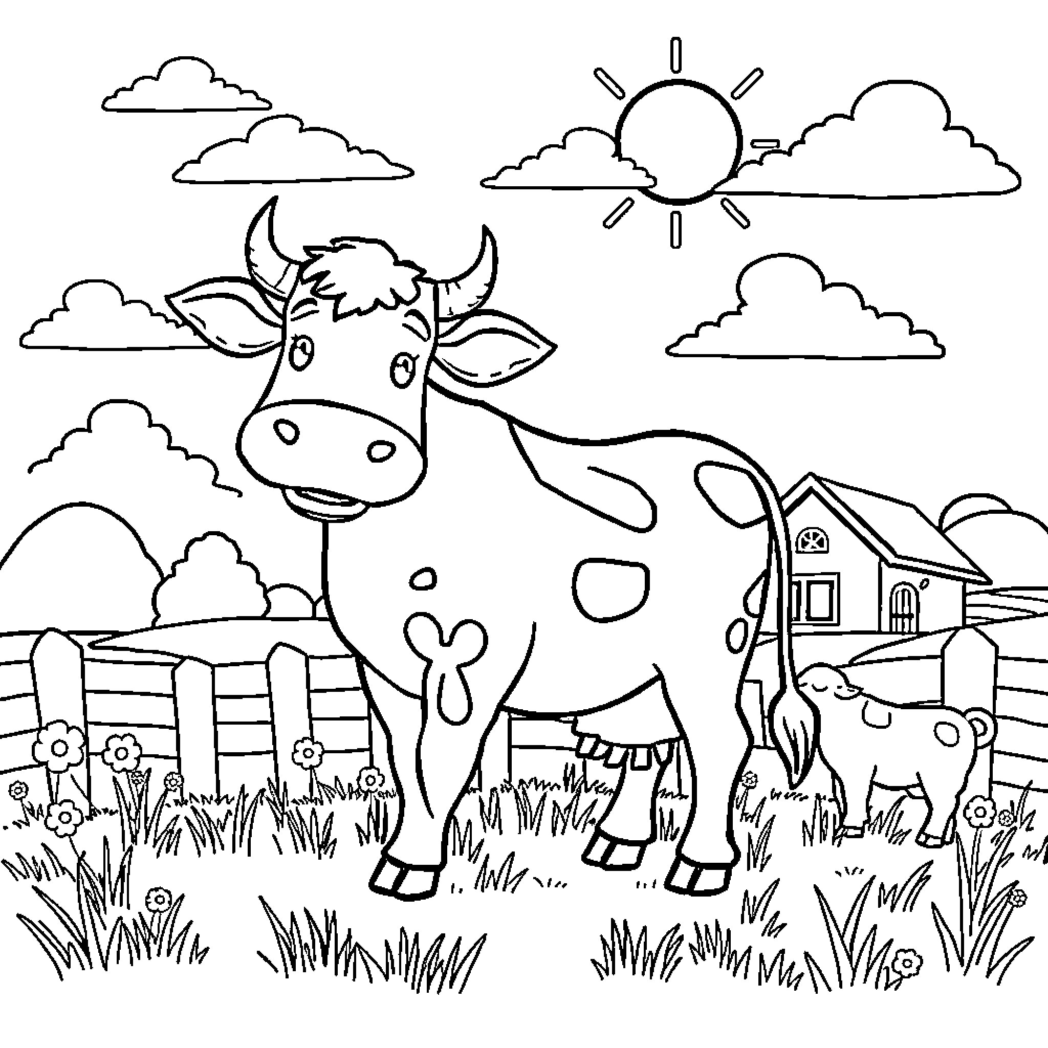 Cow enjoying a sunny day on the farm Coloring Page (free black-and-white line drawing printable PDF for all, from beginners to advanced learners, including children, teens, adults, and seniors)