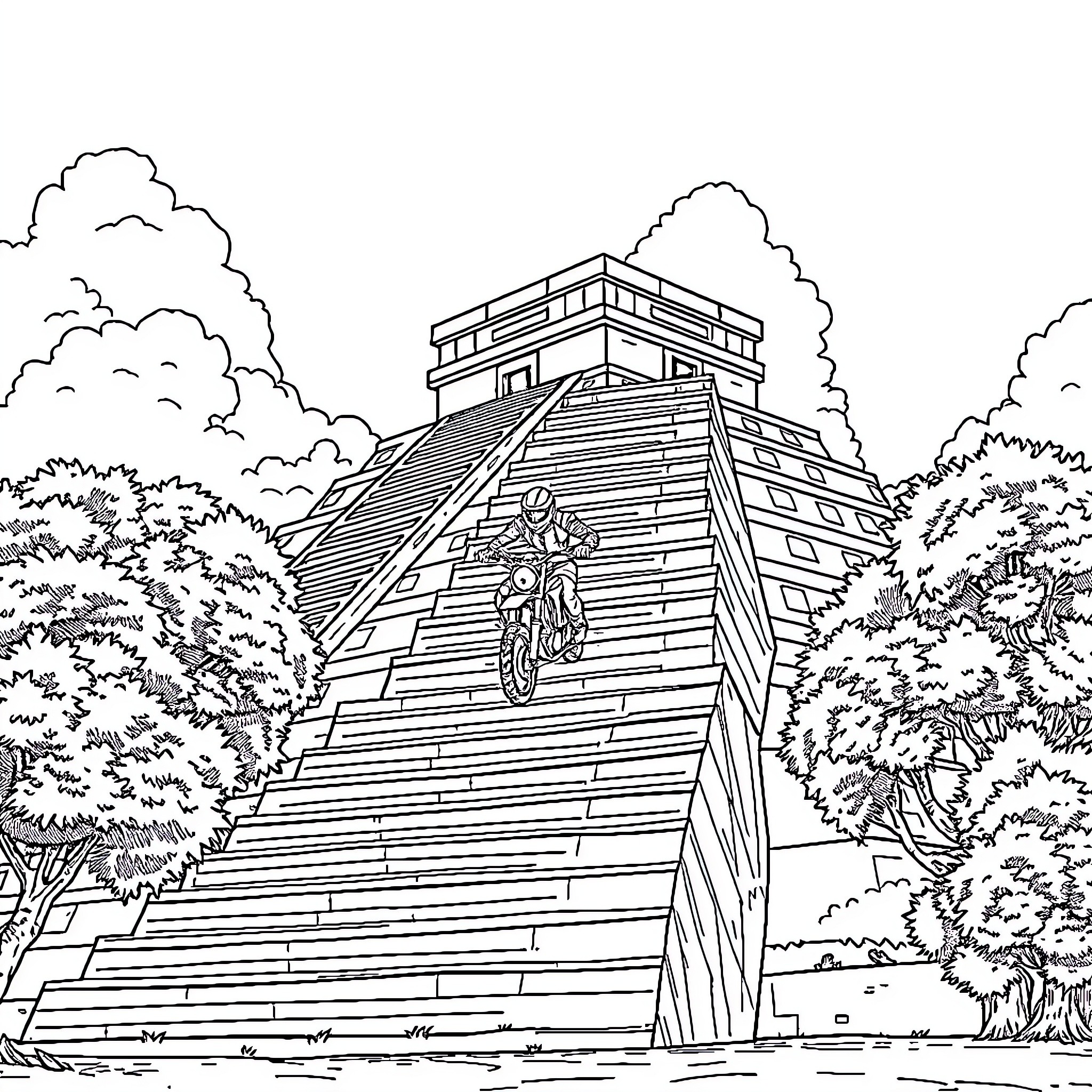 Motorcyclist exploring ancient ruins in the wilderness Coloring Page (free black-and-white line drawing printable PDF for all, from beginners to advanced learners, including children, teens, adults, and seniors)