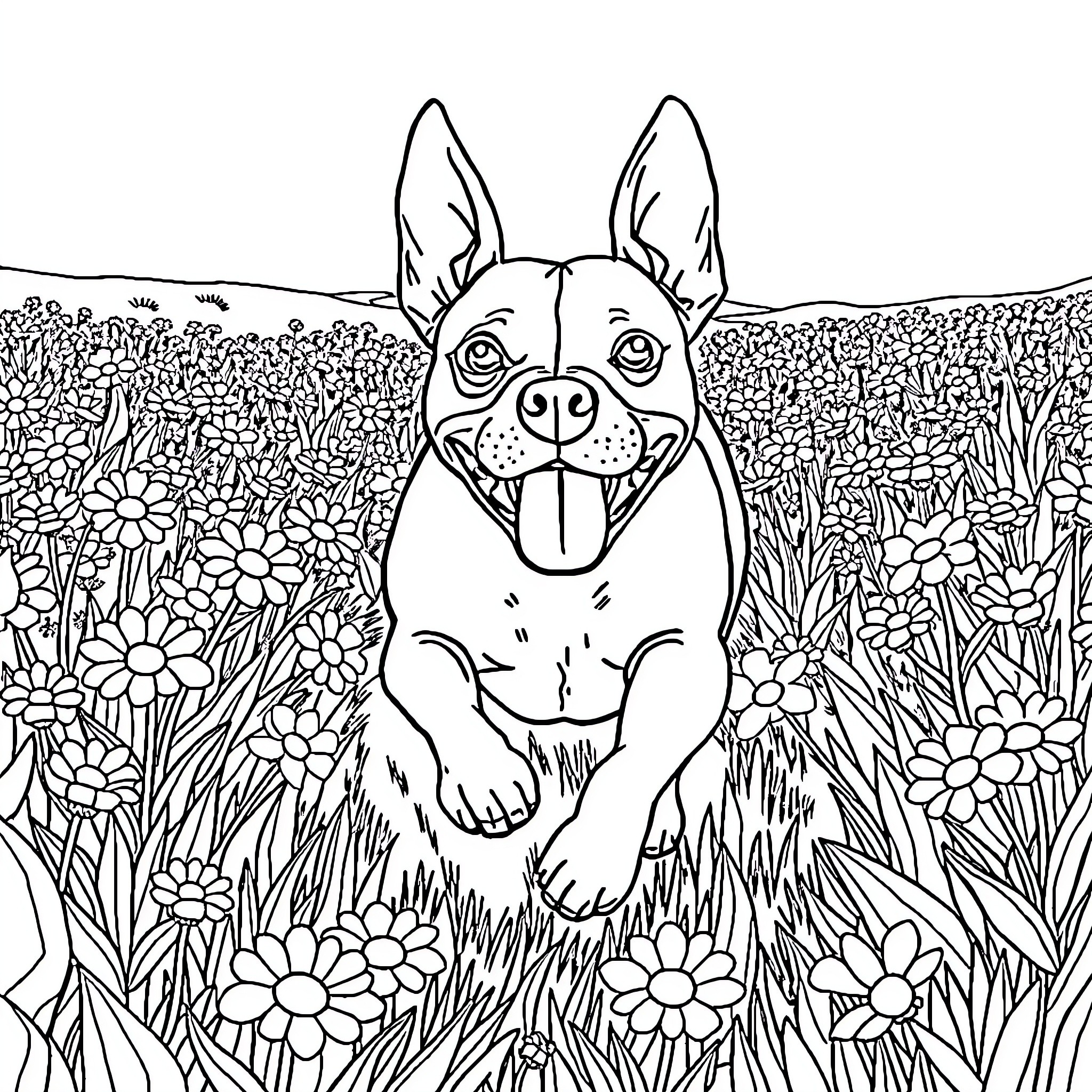 Pitbull playing happily in a field of flowers Coloring Page (free black-and-white line drawing printable PDF for all, from beginners to advanced learners, including children, teens, adults, and seniors)
