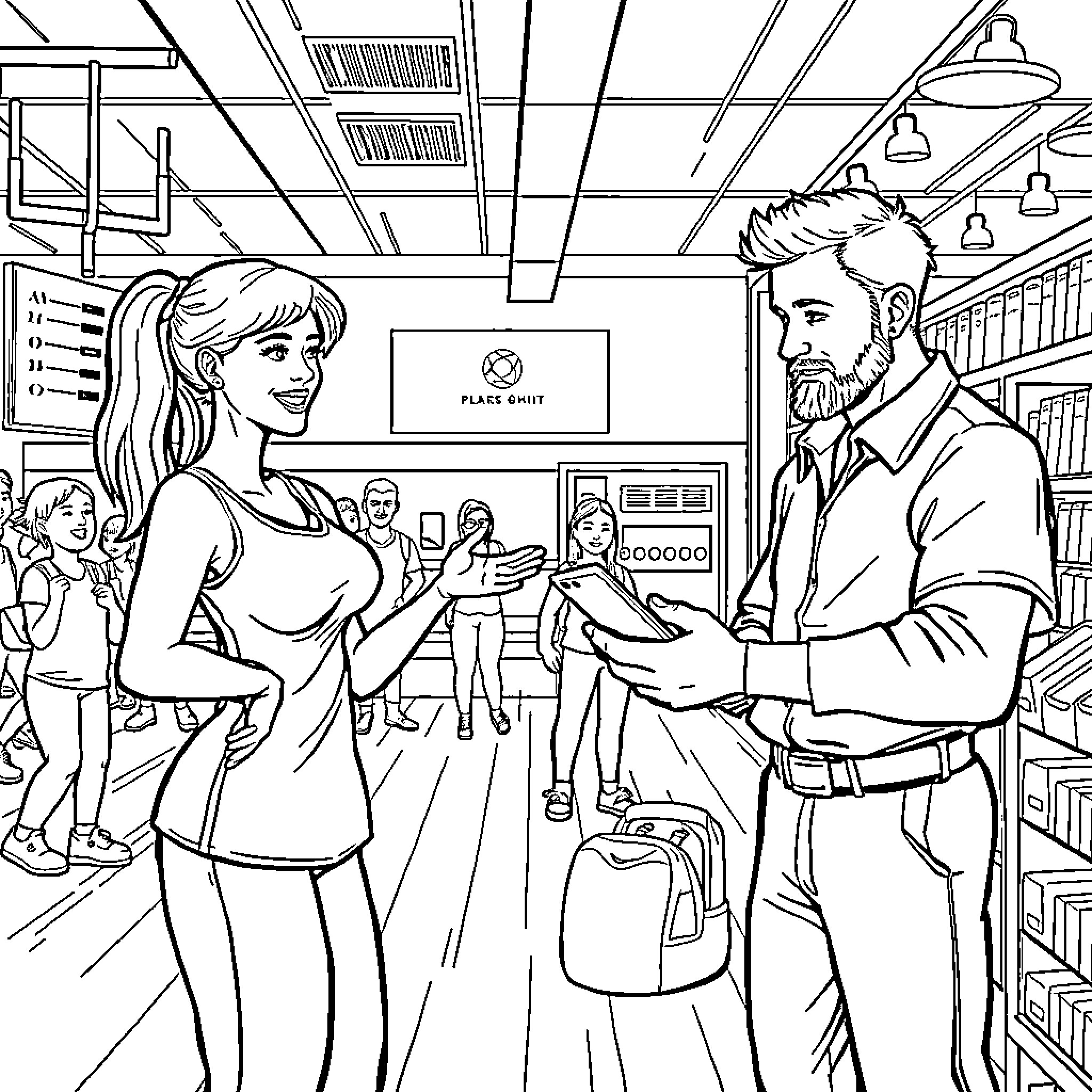 Gym Teacher Interacting with Students in Classroom Coloring Page (free black-and-white line drawing printable PDF for all, from beginners to advanced learners, including children, teens, adults, and seniors)