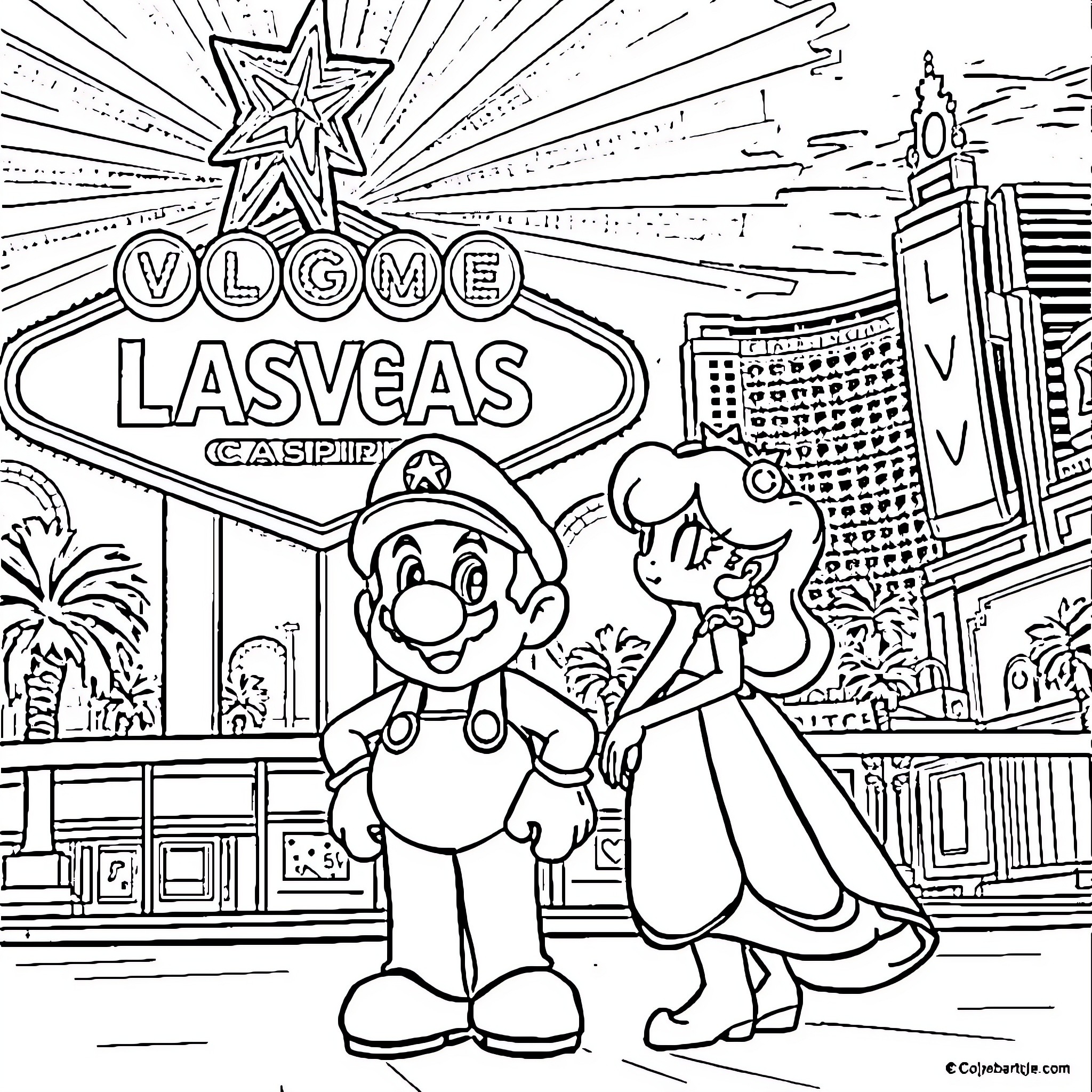 Mario's Adventurous Exploration in Las Vegas Coloring Page (free black-and-white line drawing printable PDF for all, from beginners to advanced learners, including children, teens, adults, and seniors)
