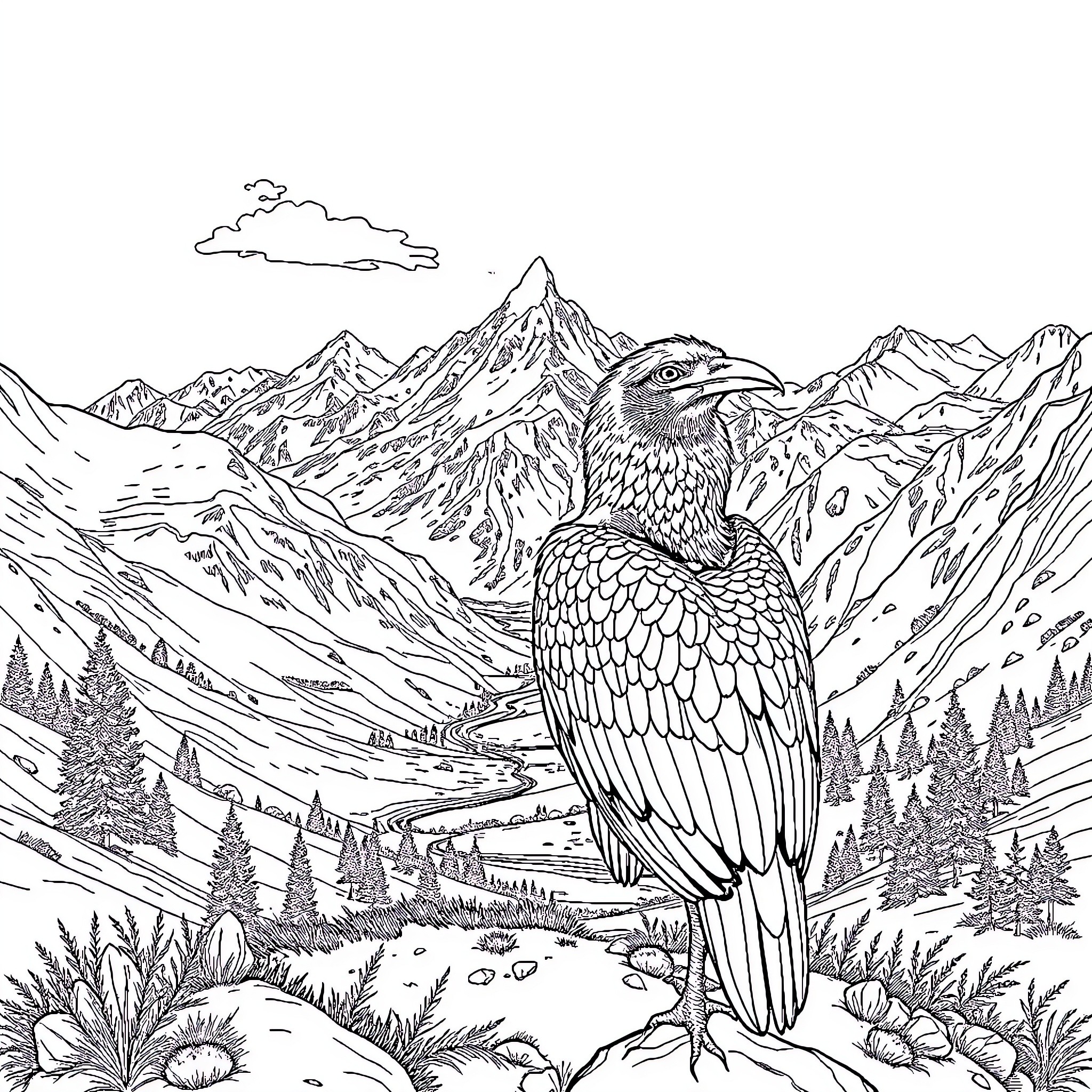 Brebis eagle surveying majestic mountain landscape Coloring Page (free black-and-white line drawing printable PDF for all, from beginners to advanced learners, including children, teens, adults, and seniors)