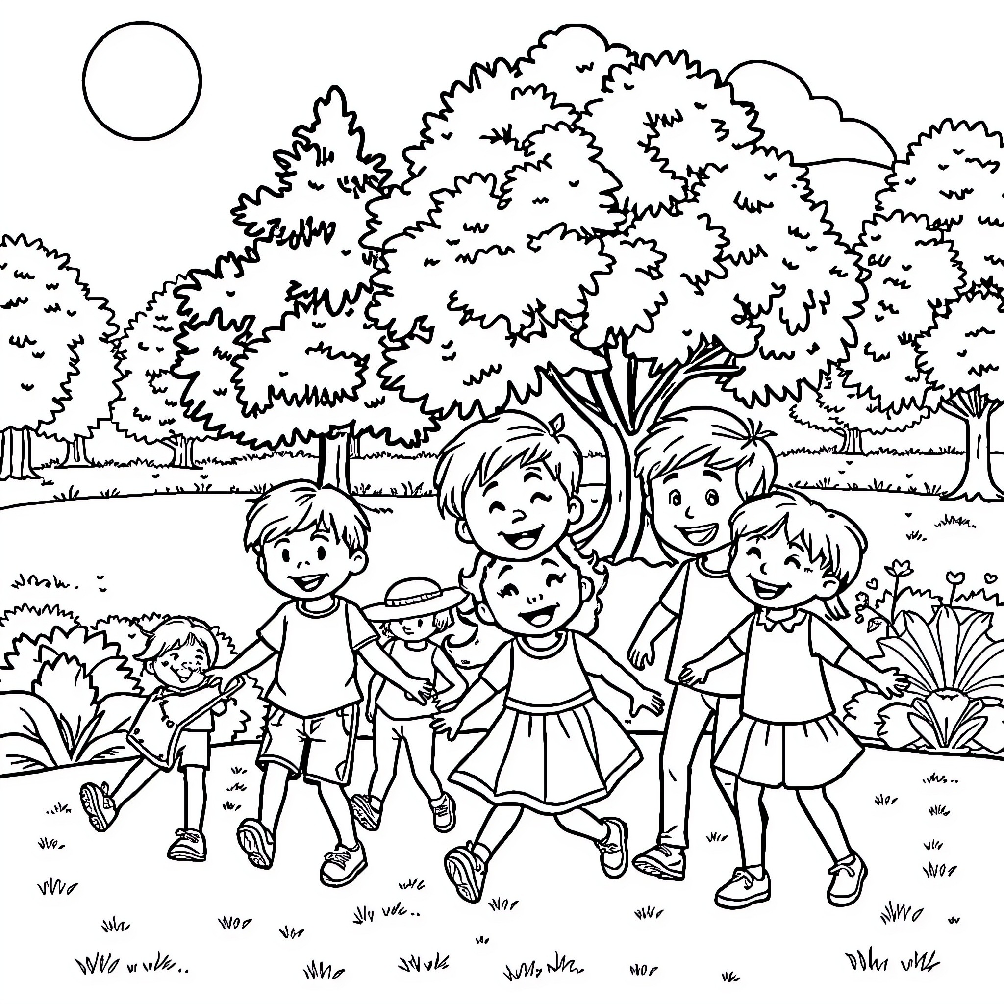 Child friends playing outdoors in nature Coloring Page (free black-and-white line drawing printable PDF for all, from beginners to advanced learners, including children, teens, adults, and seniors)