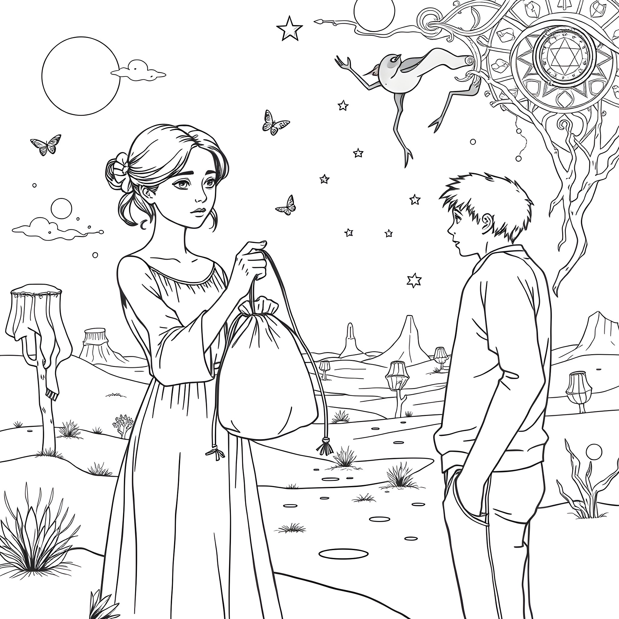 Woman in mystical desert scene with boy Coloring Page (free black-and-white line drawing printable PDF for all, from beginners to advanced learners, including children, teens, adults, and seniors)