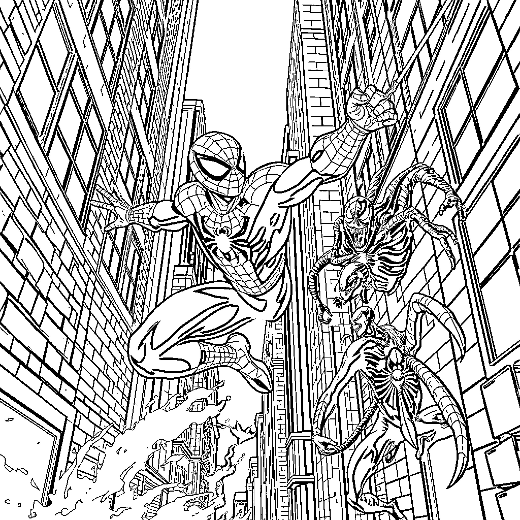 Spiderman battles fierce foe in city skyline Coloring Page (free black-and-white line drawing printable PDF for all, from beginners to advanced learners, including children, teens, adults, and seniors)