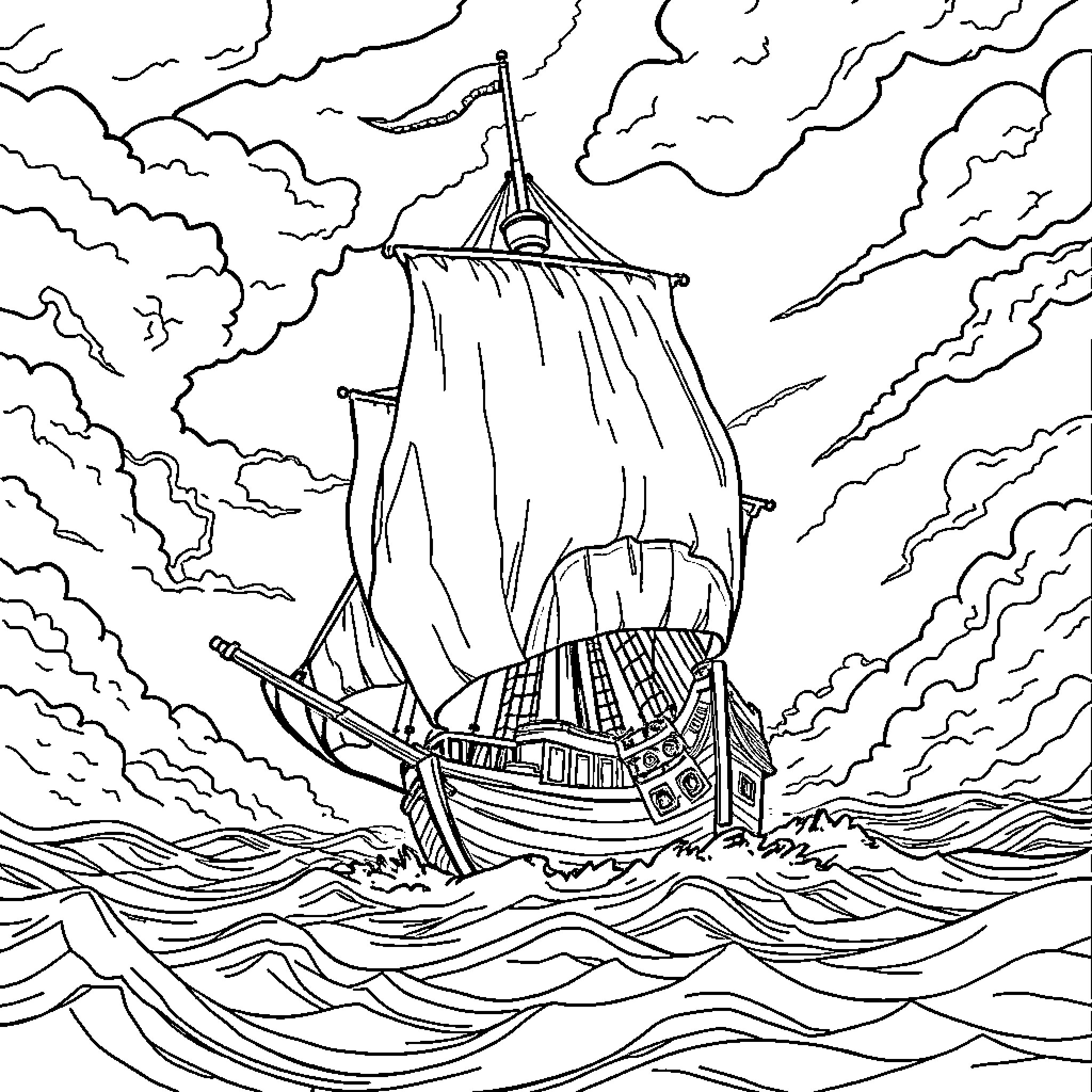 Flying Dutchman sailing on a stormy sea Coloring Page (free black-and-white line drawing printable PDF for all, from beginners to advanced learners, including children, teens, adults, and seniors)