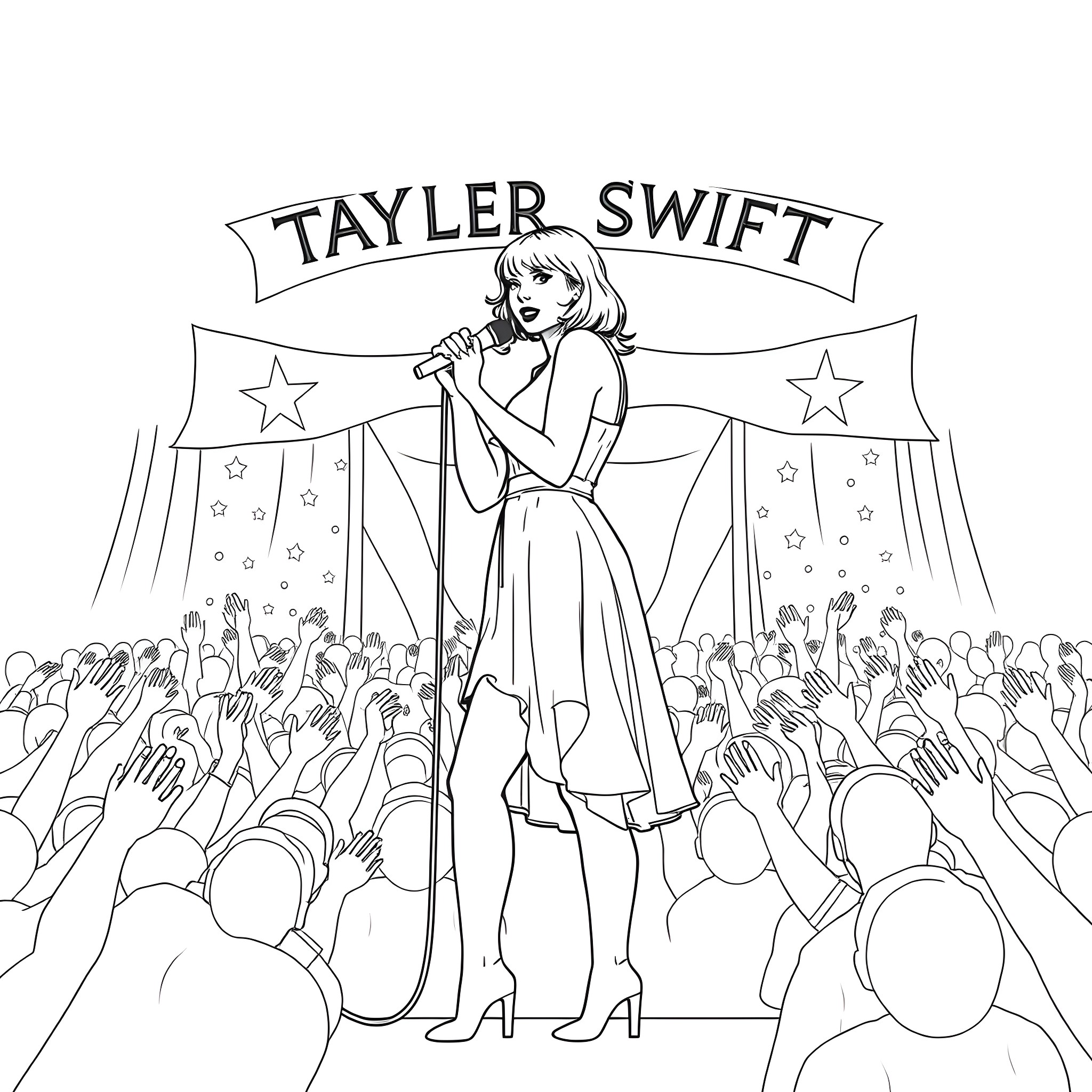 Taylor Swift Performing On Stage Coloring Page (free black-and-white line drawing printable PDF for all, from beginners to advanced learners, including children, teens, adults, and seniors)