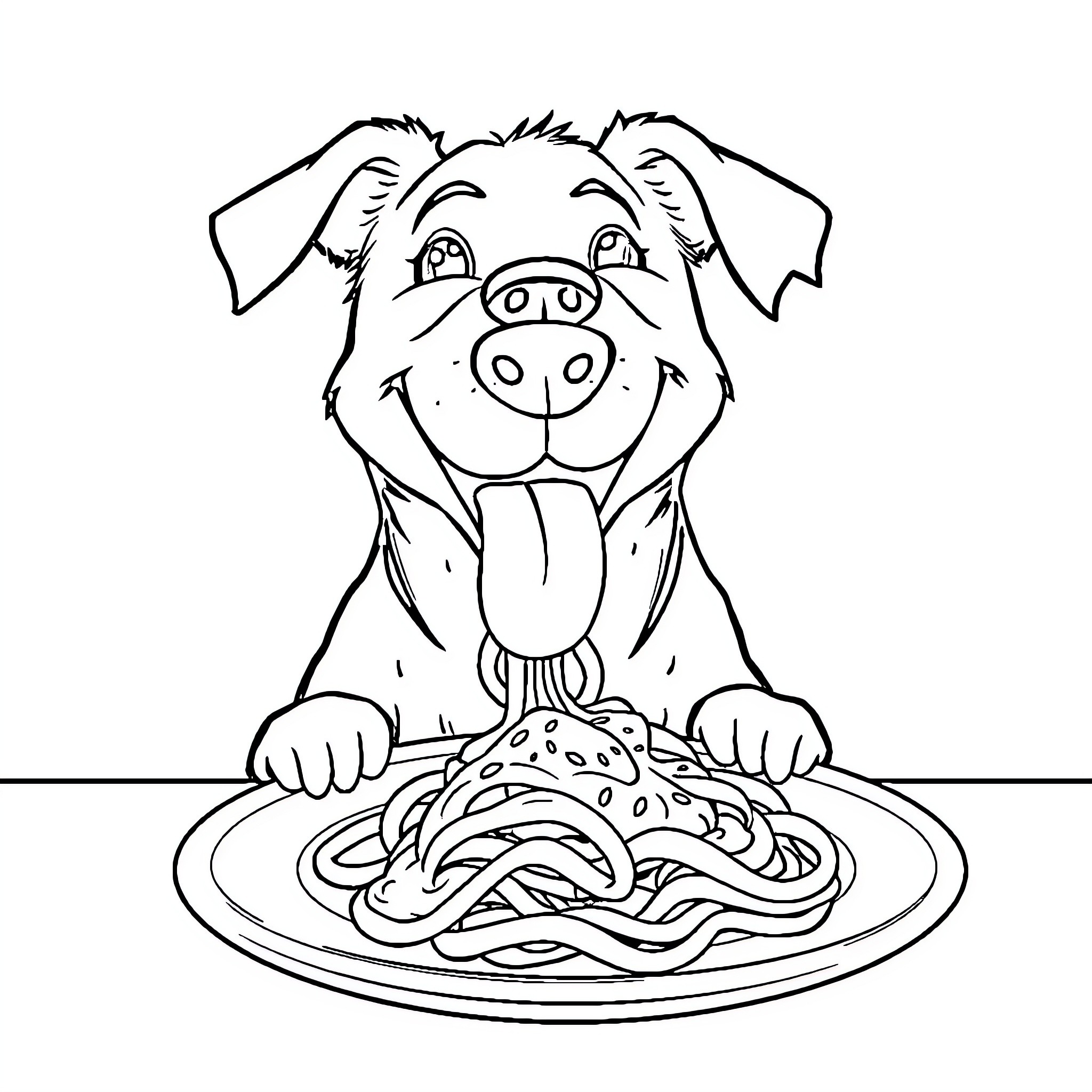 Dog eagerly eating spaghetti Coloring Page (free black-and-white line drawing printable PDF for all, from beginners to advanced learners, including children, teens, adults, and seniors)