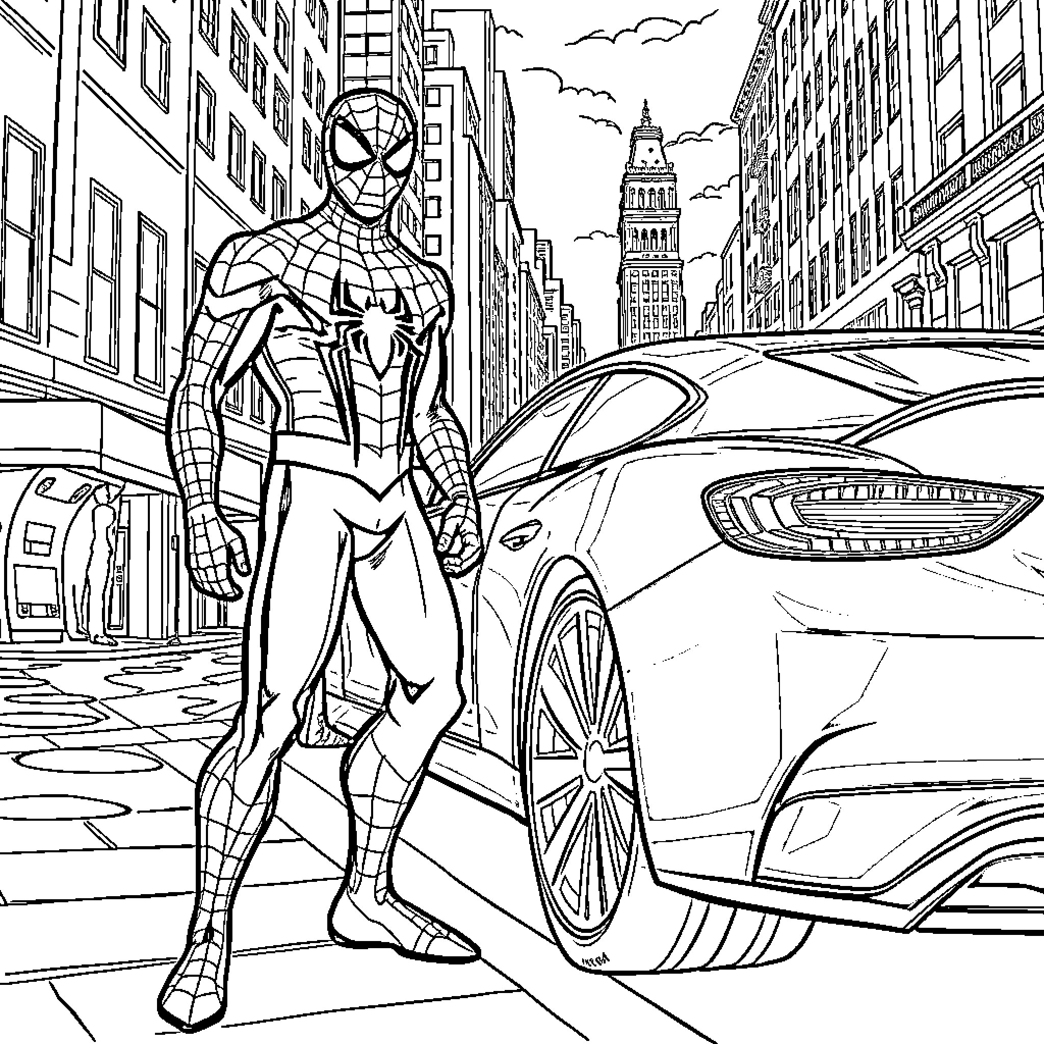 Spiderman surveying the city from a rooftop Coloring Page (free black-and-white line drawing printable PDF for all, from beginners to advanced learners, including children, teens, adults, and seniors)