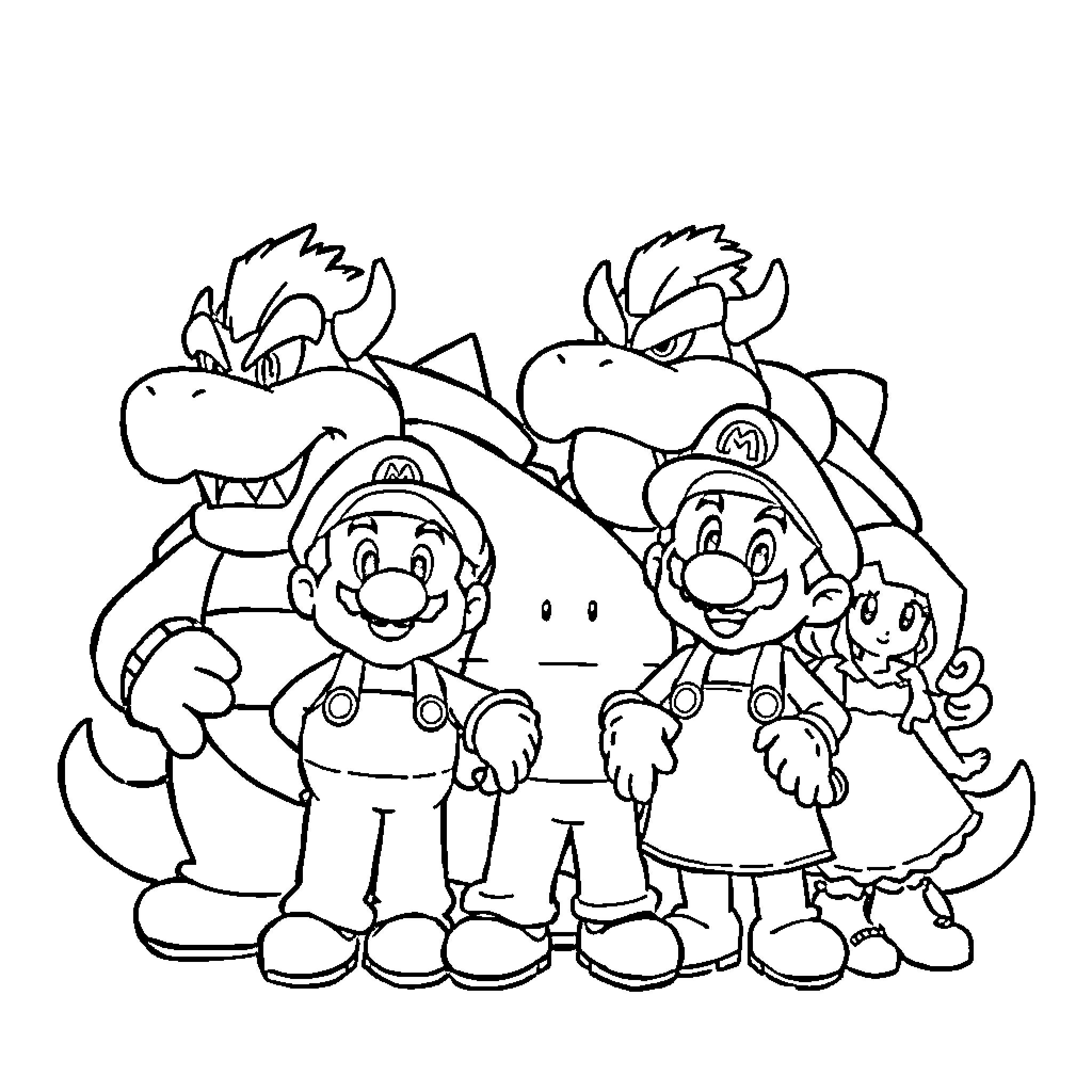 Mario and Friends in Cartoon Style Coloring Page (free black-and-white line drawing printable PDF for all, from beginners to advanced learners, including children, teens, adults, and seniors)