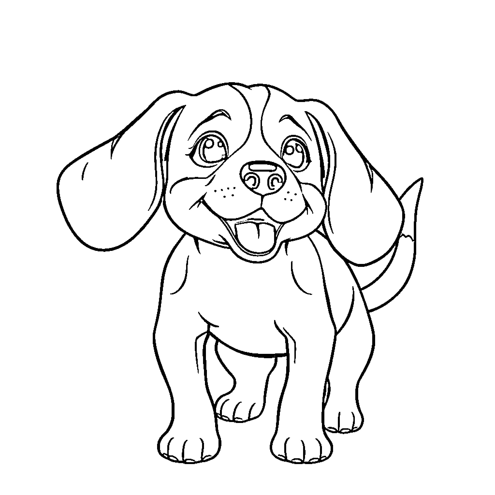 Beagle pup with a happy expression Coloring Page (free black-and-white line drawing printable PDF for all, from beginners to advanced learners, including children, teens, adults, and seniors)