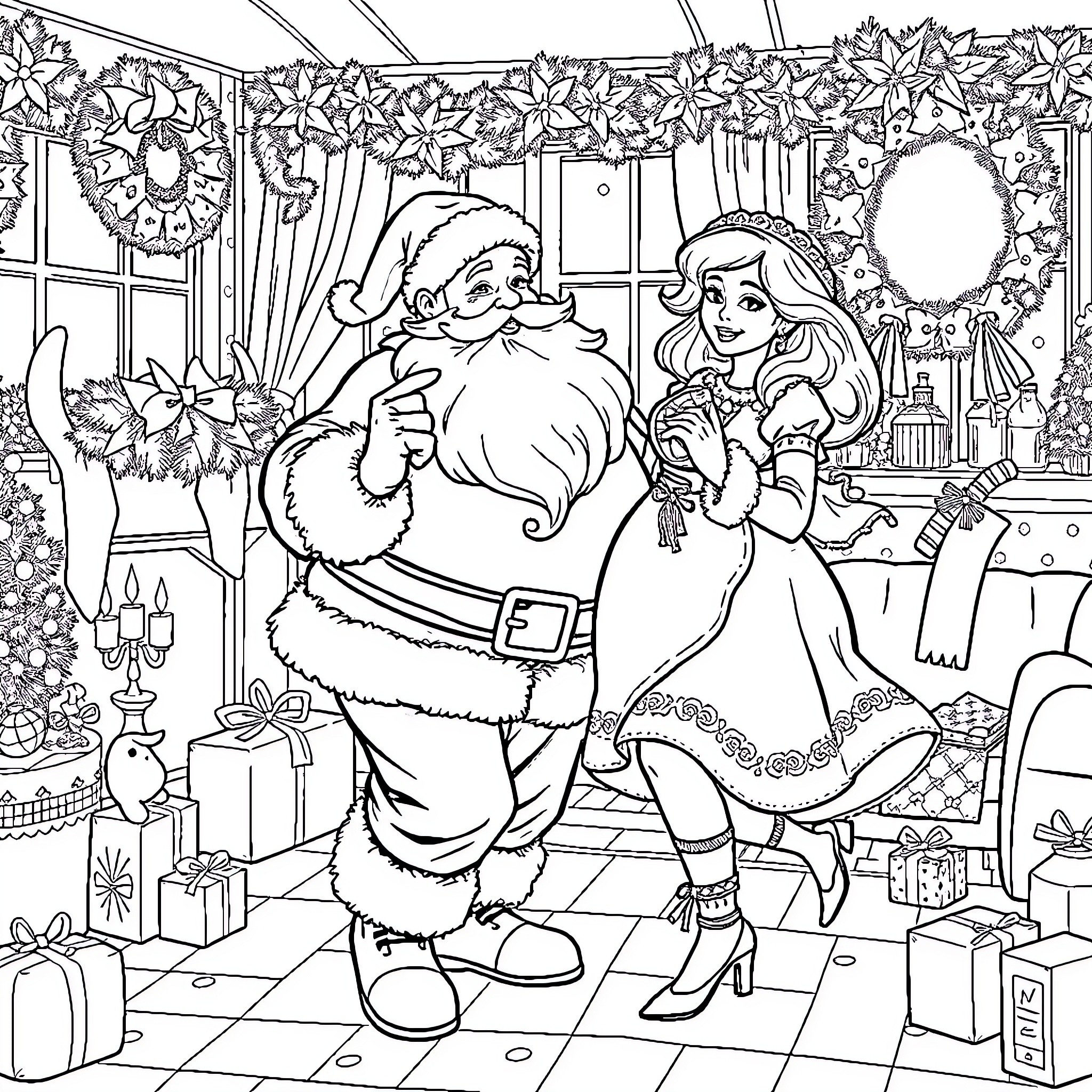 Santa Claus interacting with young girl in festive setting Coloring Page (free black-and-white line drawing printable PDF for all, from beginners to advanced learners, including children, teens, adults, and seniors)