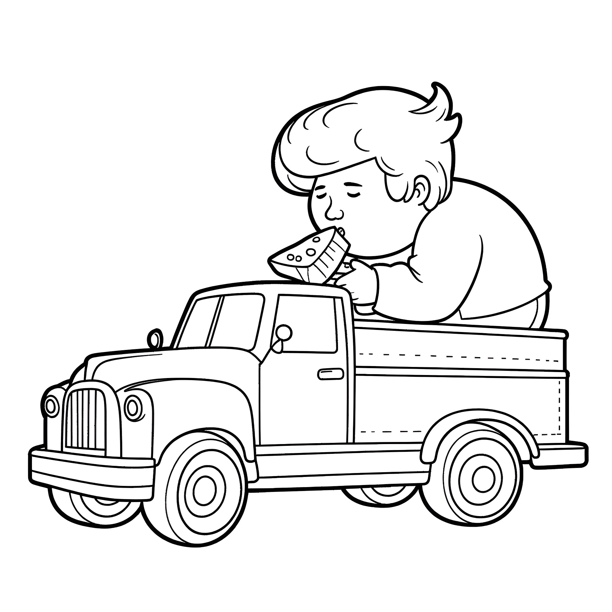 Donald Trump Driving a Pickup Truck Coloring Page (free black-and-white line drawing printable PDF for all, from beginners to advanced learners, including children, teens, adults, and seniors)