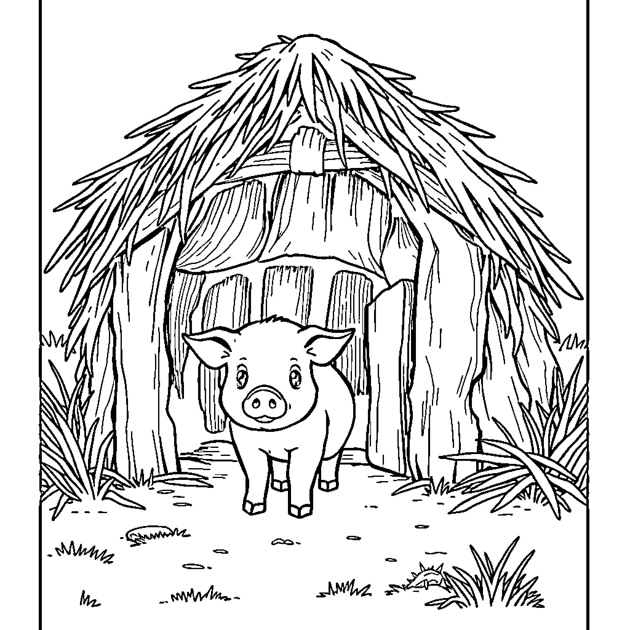 Piglet exploring a thatched cottage in nature Coloring Page (free black-and-white line drawing printable PDF for all, from beginners to advanced learners, including children, teens, adults, and seniors)