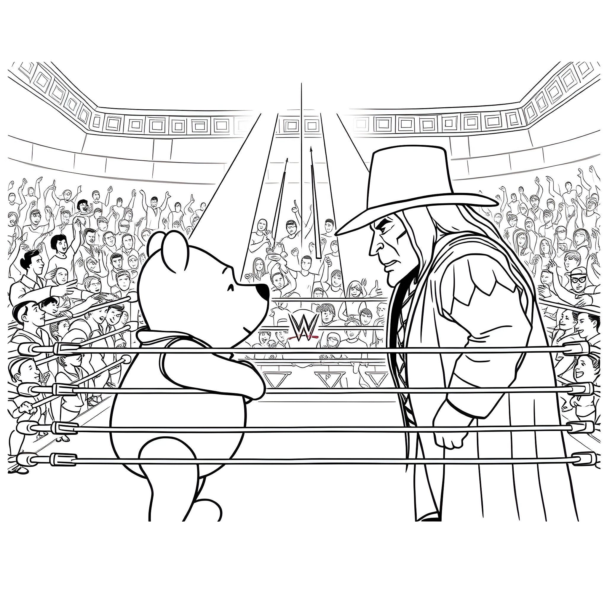Winnie The Pooh Engaged in a Wrestling Match Coloring Page (free black-and-white line drawing printable PDF for all, from beginners to advanced learners, including children, teens, adults, and seniors)