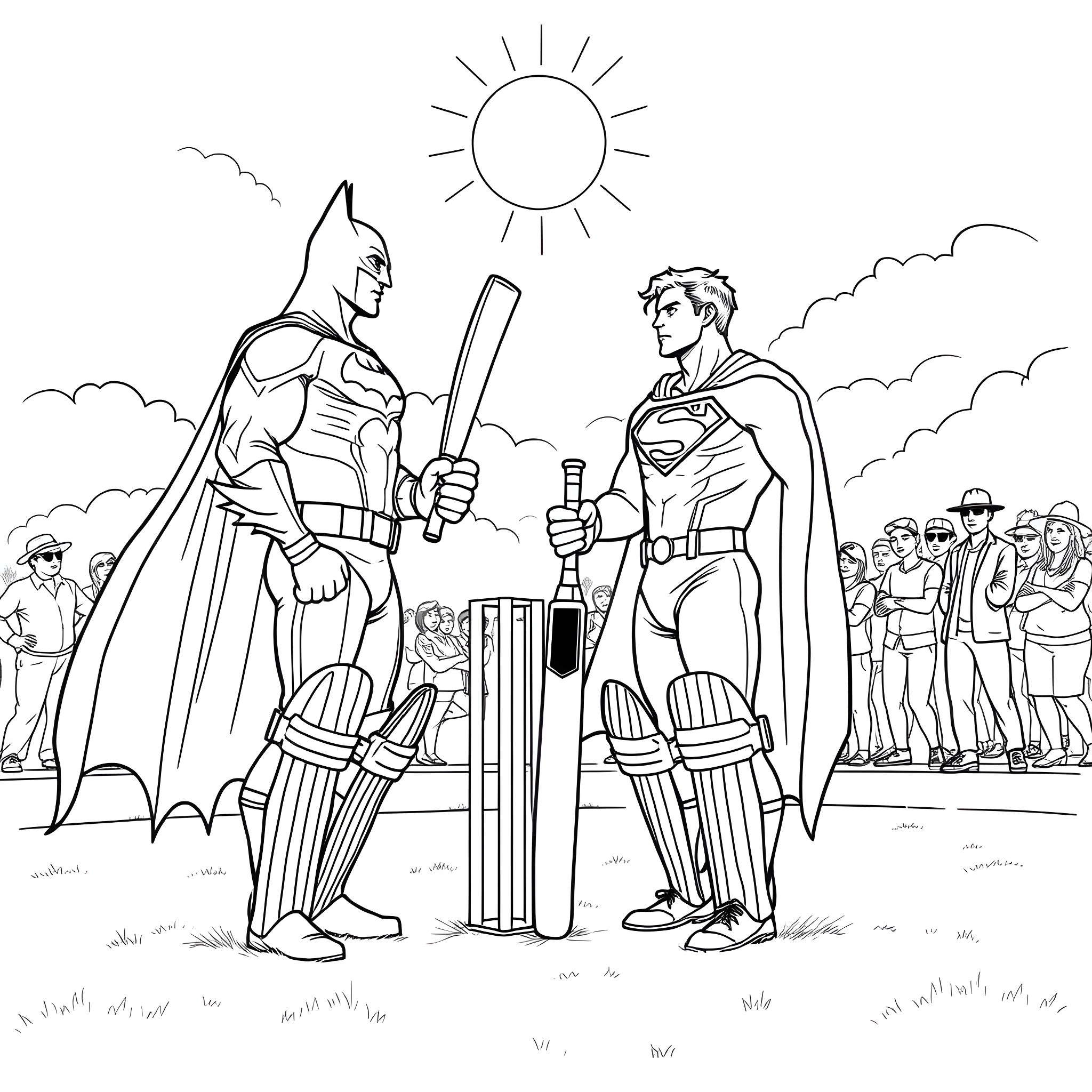 Batman and Superman cricket match in the park Coloring Page (free black-and-white line drawing printable PDF for all, from beginners to advanced learners, including children, teens, adults, and seniors)