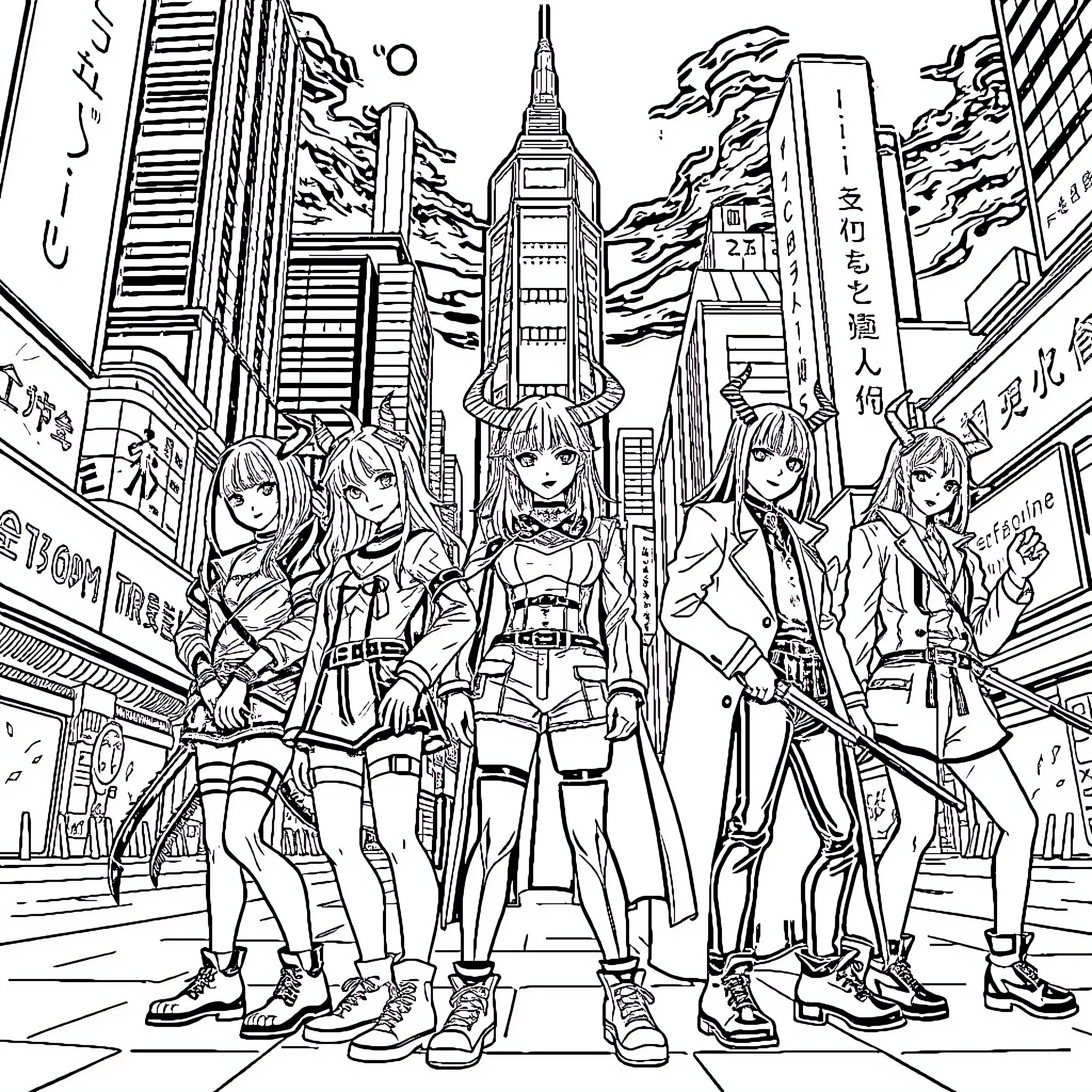 Demon Hunter Team in Futuristic City Coloring Page (free black-and-white line drawing printable PDF for all, from beginners to advanced learners, including children, teens, adults, and seniors)