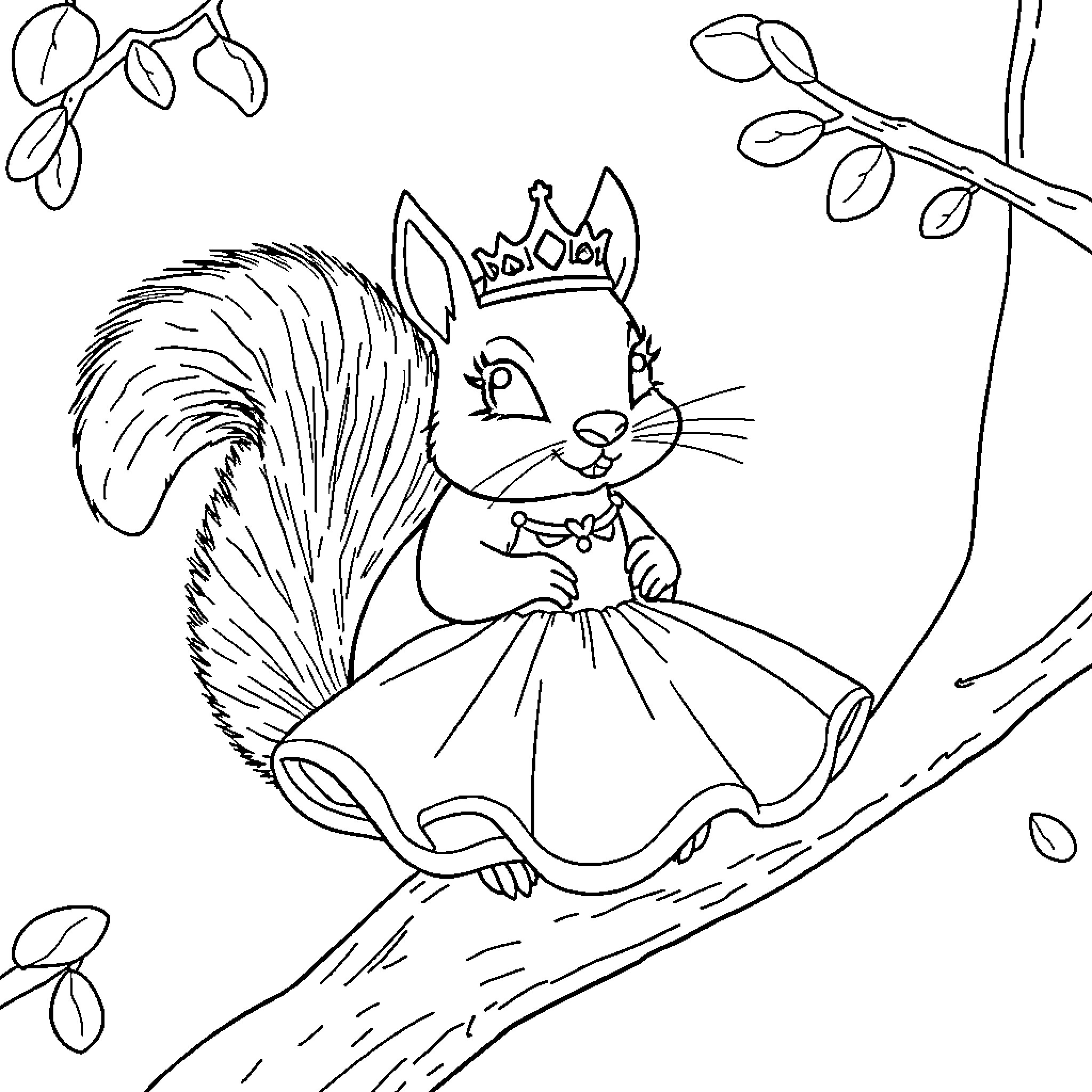 Squirrel princess in fancy dress Coloring Page (free black-and-white line drawing printable PDF for all, from beginners to advanced learners, including children, teens, adults, and seniors)