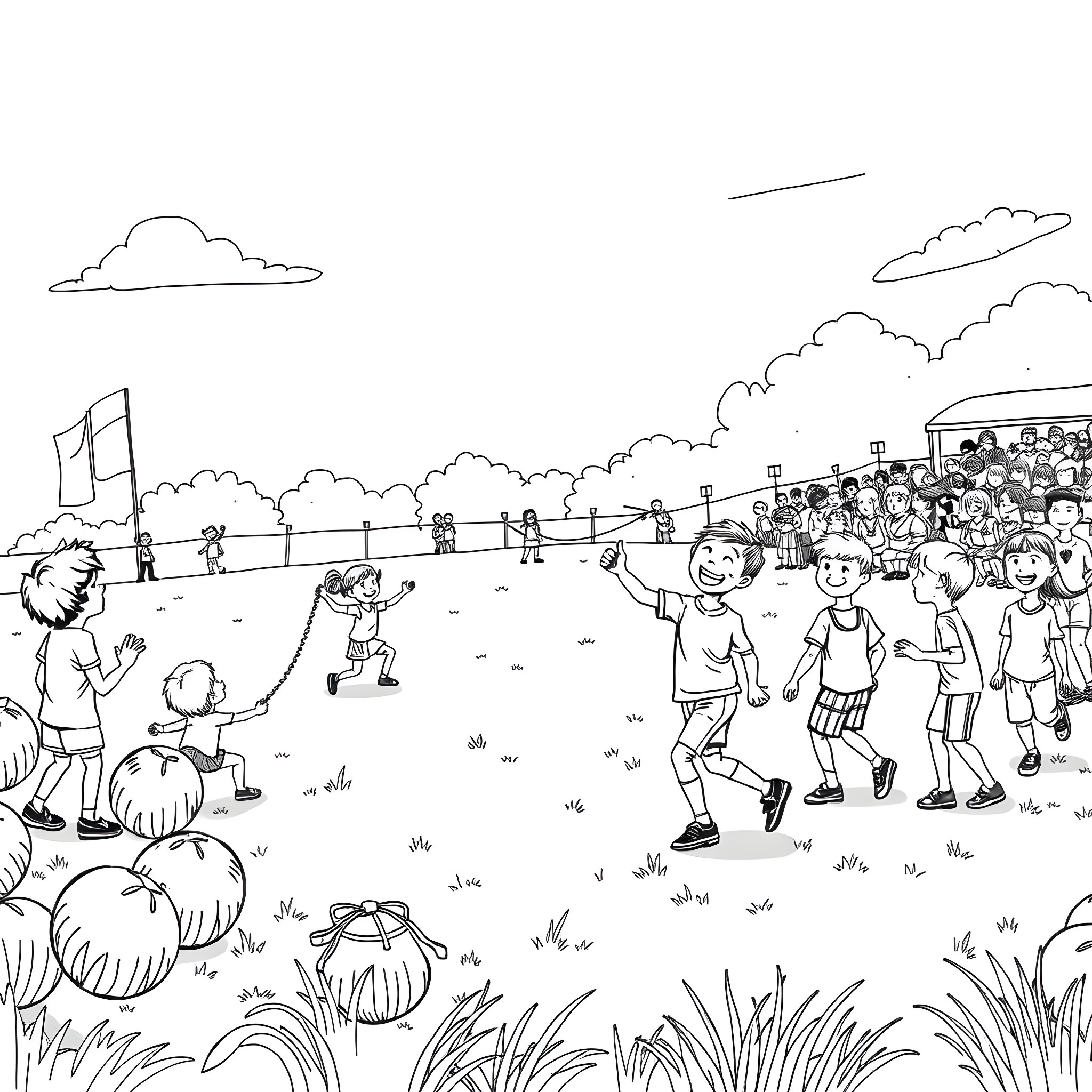 Kid's Outdoor Play Time with Crowd Coloring Page (free black-and-white line drawing printable PDF for all, from beginners to advanced learners, including children, teens, adults, and seniors)
