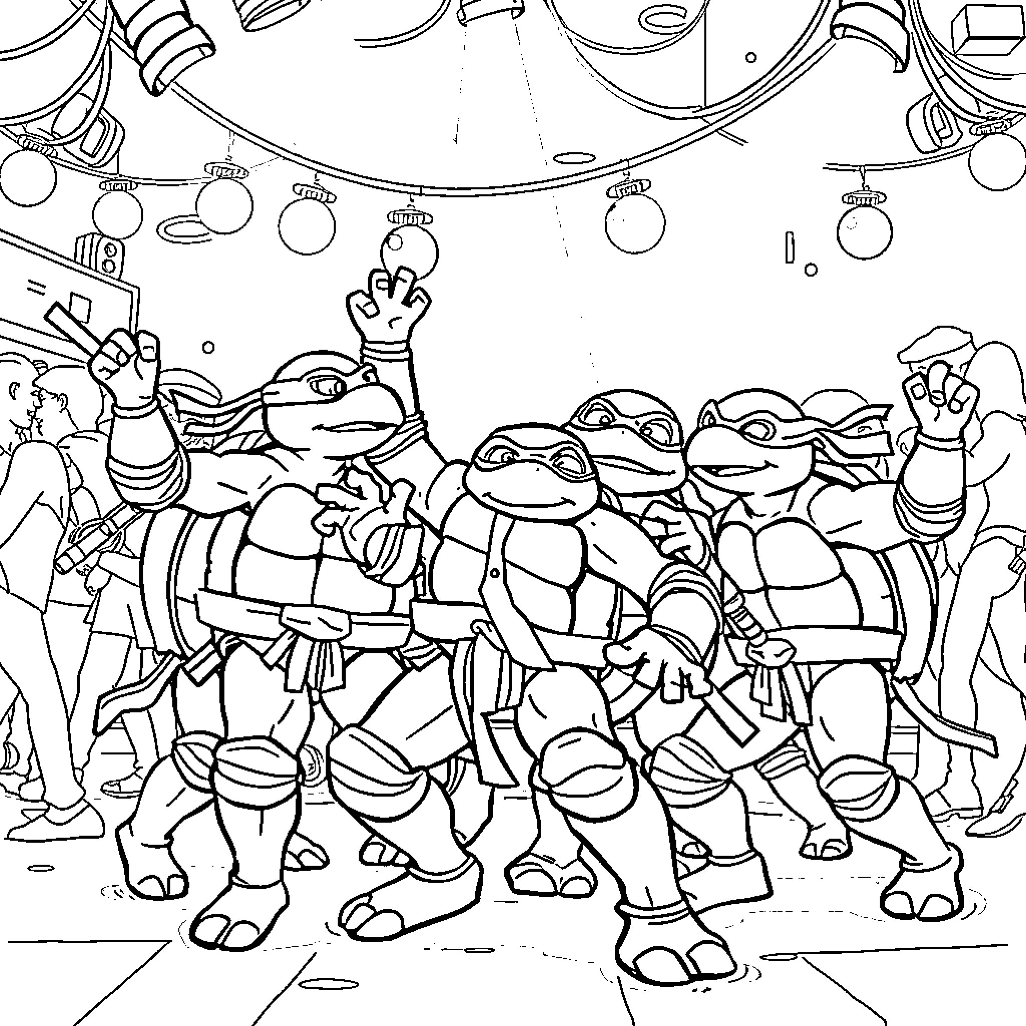 Ninja Turtle characters in an action-filled scene Coloring Page (free black-and-white line drawing printable PDF for all, from beginners to advanced learners, including children, teens, adults, and seniors)
