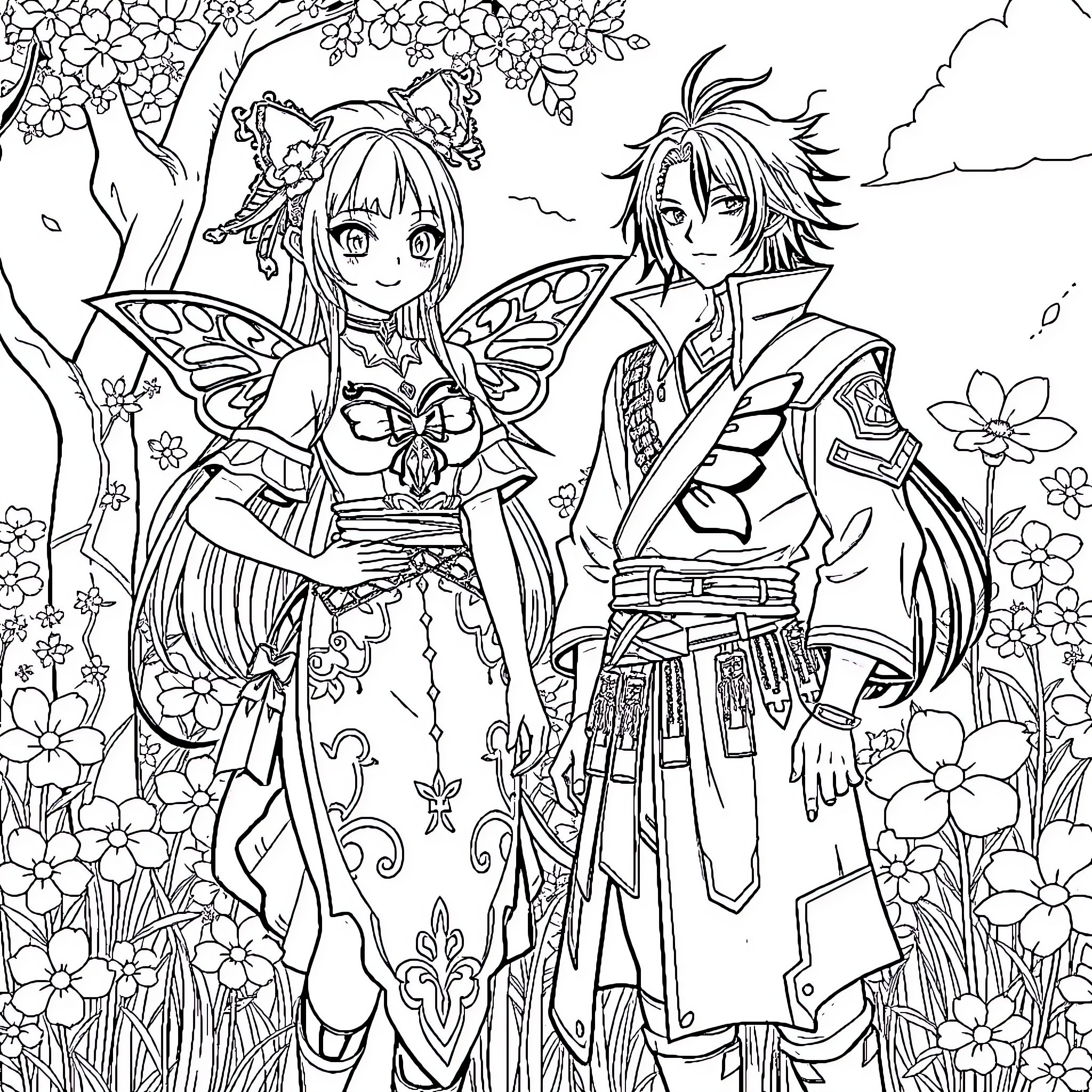Shinobu Kocho and Companion in Fantastical Floral Setting Coloring Page (free black-and-white line drawing printable PDF for all, from beginners to advanced learners, including children, teens, adults, and seniors)