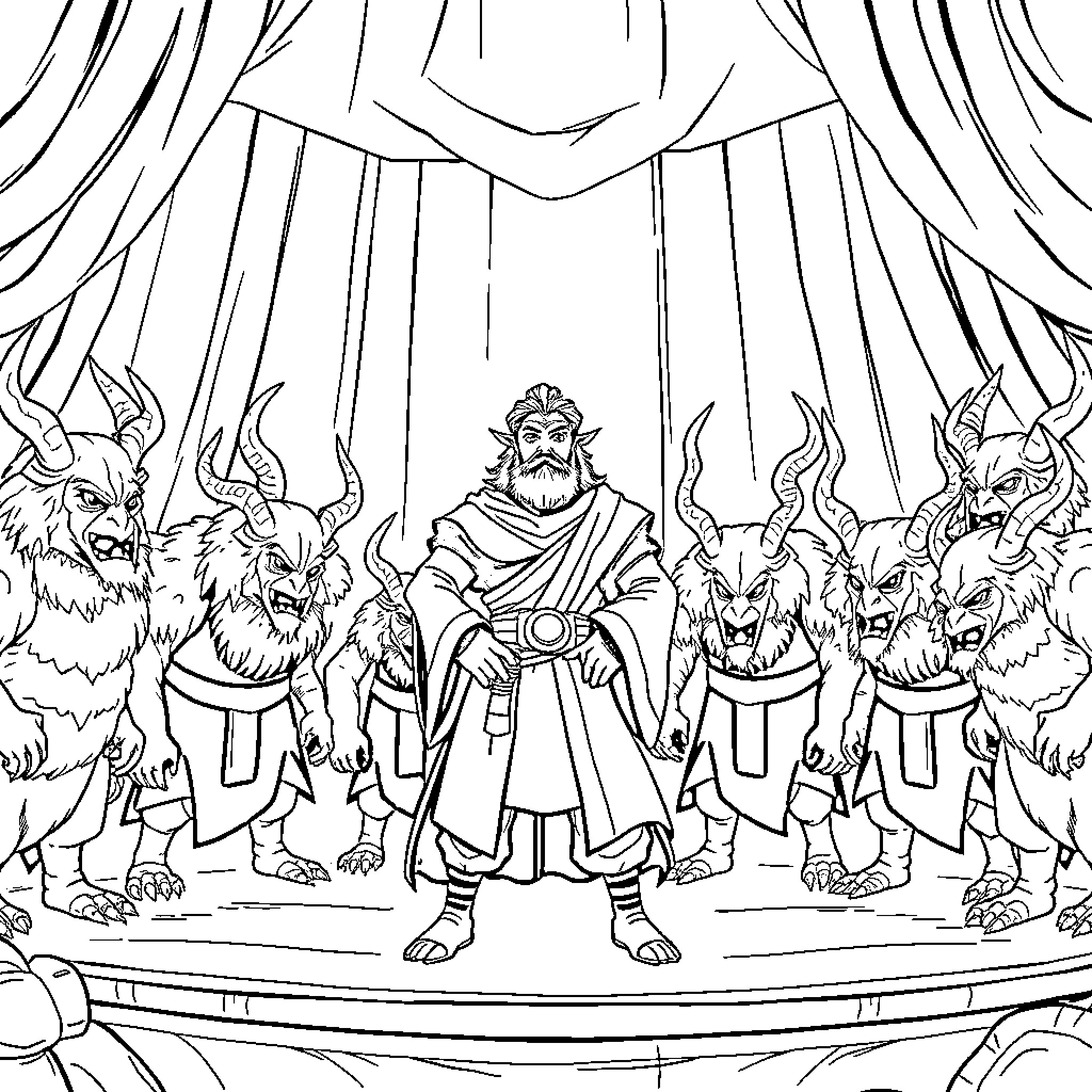 Rumi surrounded by mystical creatures Coloring Page (free black-and-white line drawing printable PDF for all, from beginners to advanced learners, including children, teens, adults, and seniors)