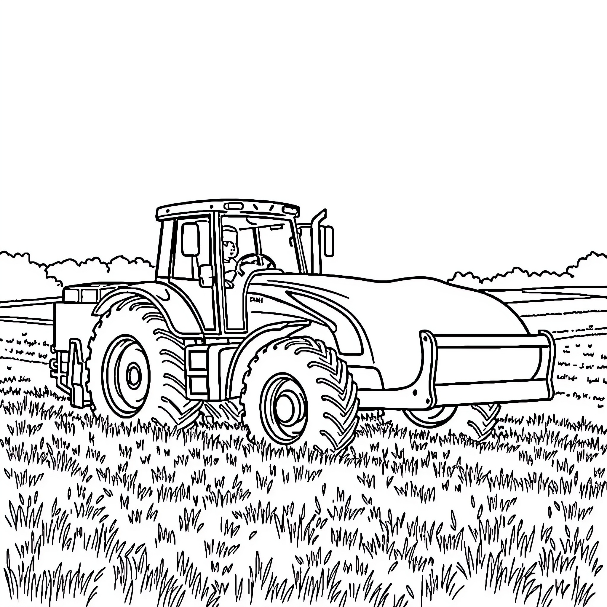 Tractor plowing through grassy field Coloring Page (free black-and-white line drawing printable PDF for all, from beginners to advanced learners, including children, teens, adults, and seniors)