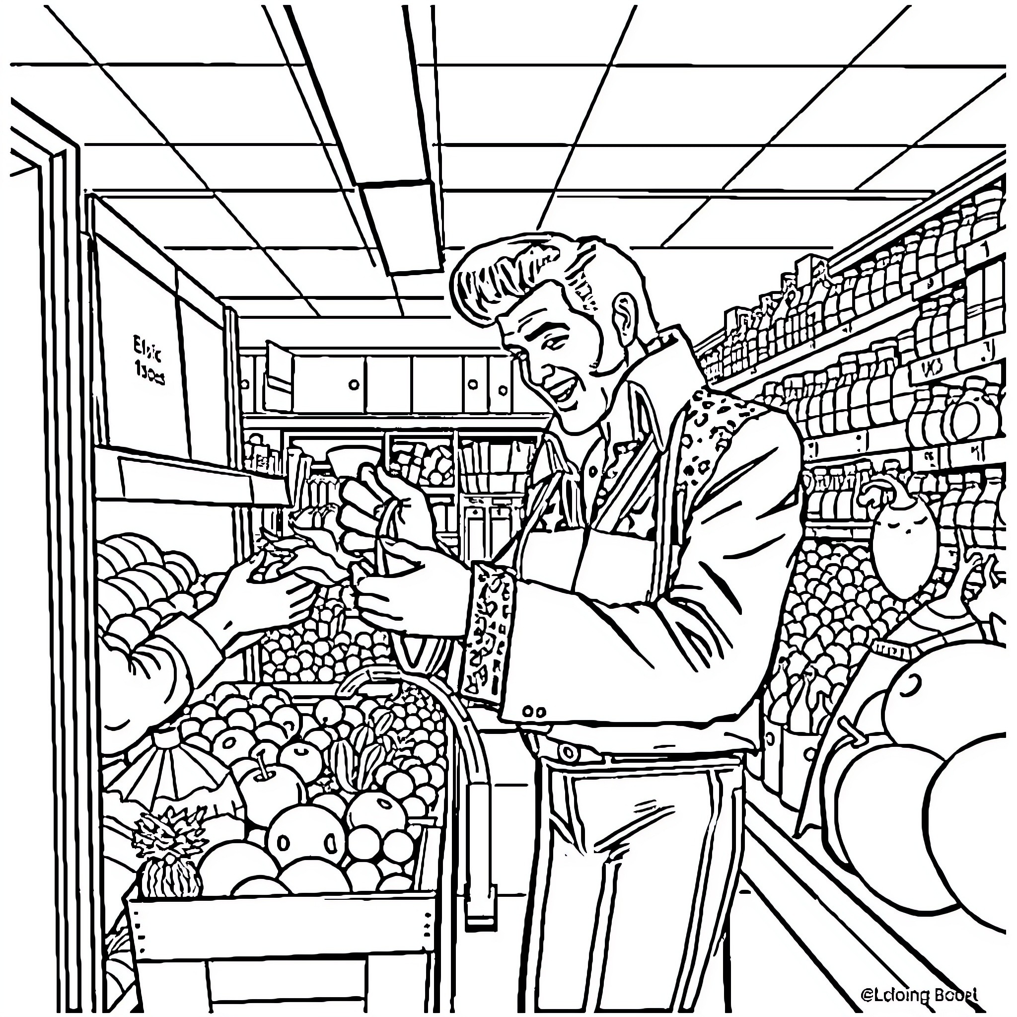Elvis shopping in the supermarket Coloring Page (free black-and-white line drawing printable PDF for all, from beginners to advanced learners, including children, teens, adults, and seniors)