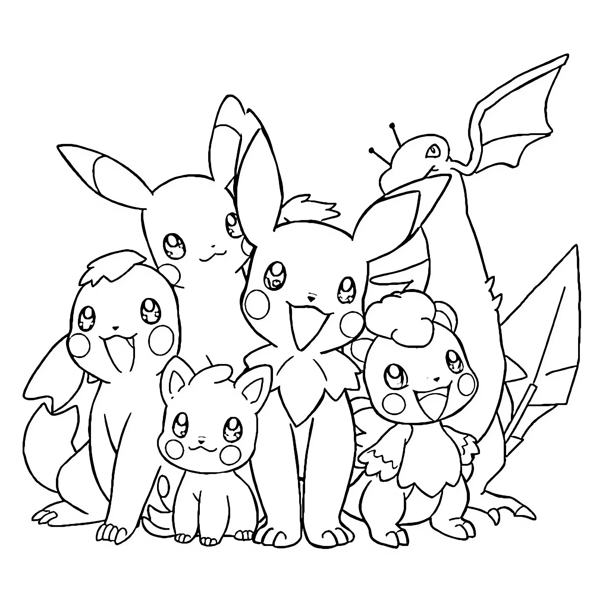 Pokémon group posing together Coloring Page (free black-and-white line drawing printable PDF for all, from beginners to advanced learners, including children, teens, adults, and seniors)