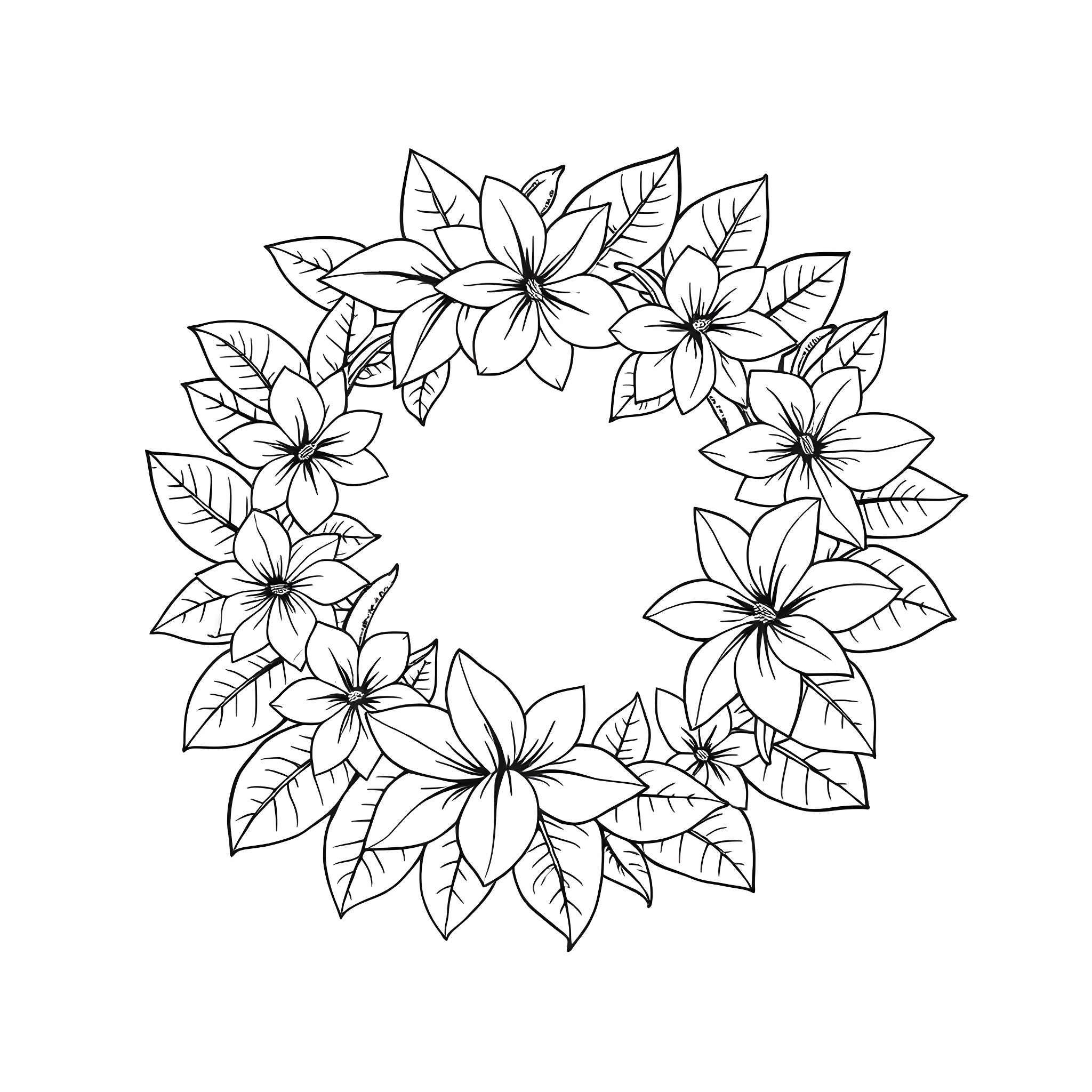 Flower Wreath of Delicate Blooms Coloring Page (free black-and-white line drawing printable PDF for all, from beginners to advanced learners, including children, teens, adults, and seniors)