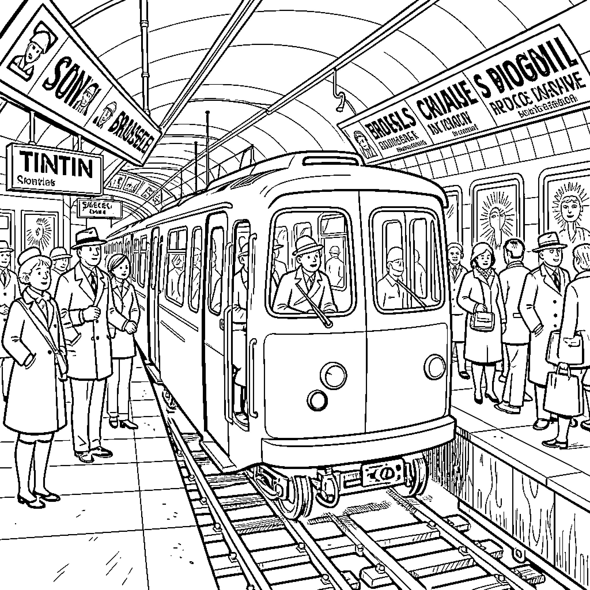 Tintin and people waiting at a train station Coloring Page (free black-and-white line drawing printable PDF for all, from beginners to advanced learners, including children, teens, adults, and seniors)