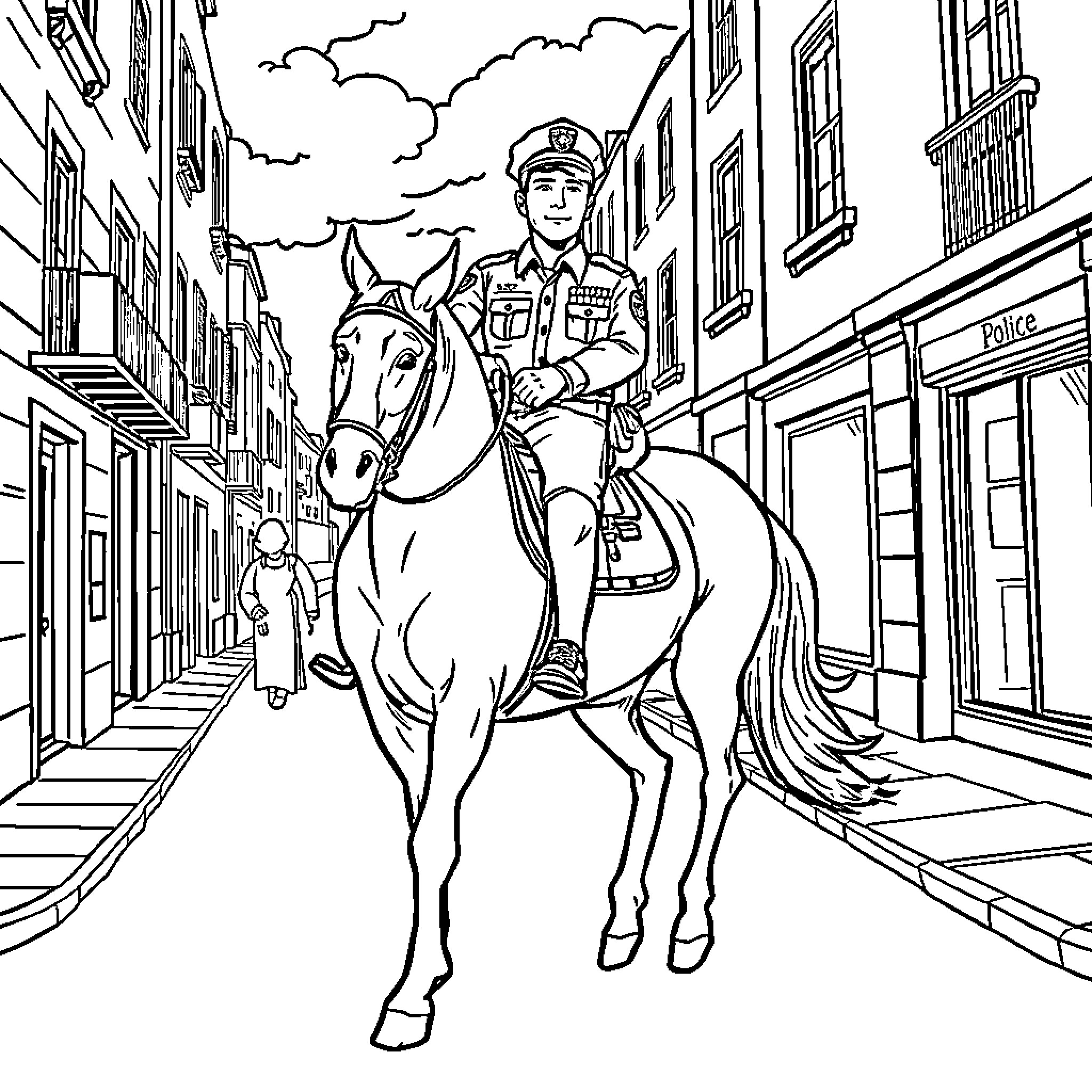 Police Officer Patrolling on Horseback in the City Coloring Page (free black-and-white line drawing printable PDF for all, from beginners to advanced learners, including children, teens, adults, and seniors)