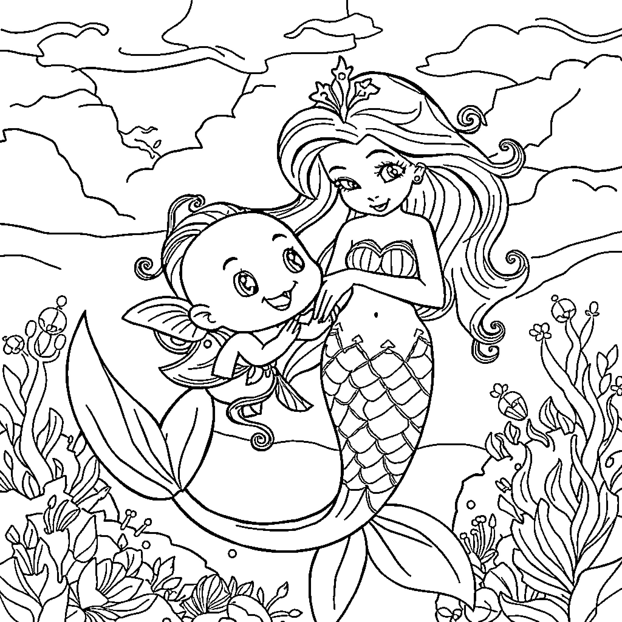 Mermaid and her magical sea creature companion Coloring Page (free black-and-white line drawing printable PDF for all, from beginners to advanced learners, including children, teens, adults, and seniors)
