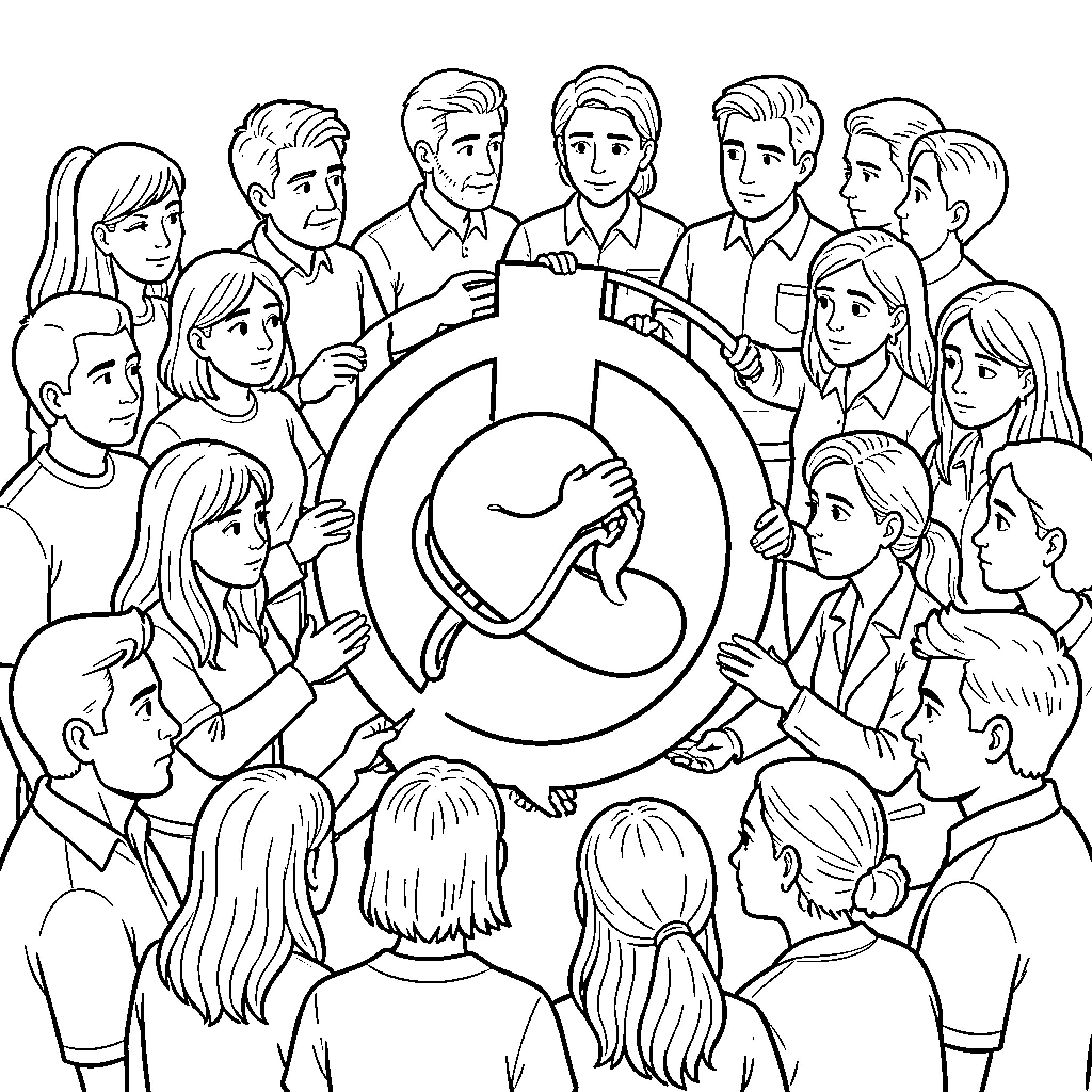 Diabetes Symbol Surrounded by Diverse People Coloring Page (free black-and-white line drawing printable PDF for all, from beginners to advanced learners, including children, teens, adults, and seniors)