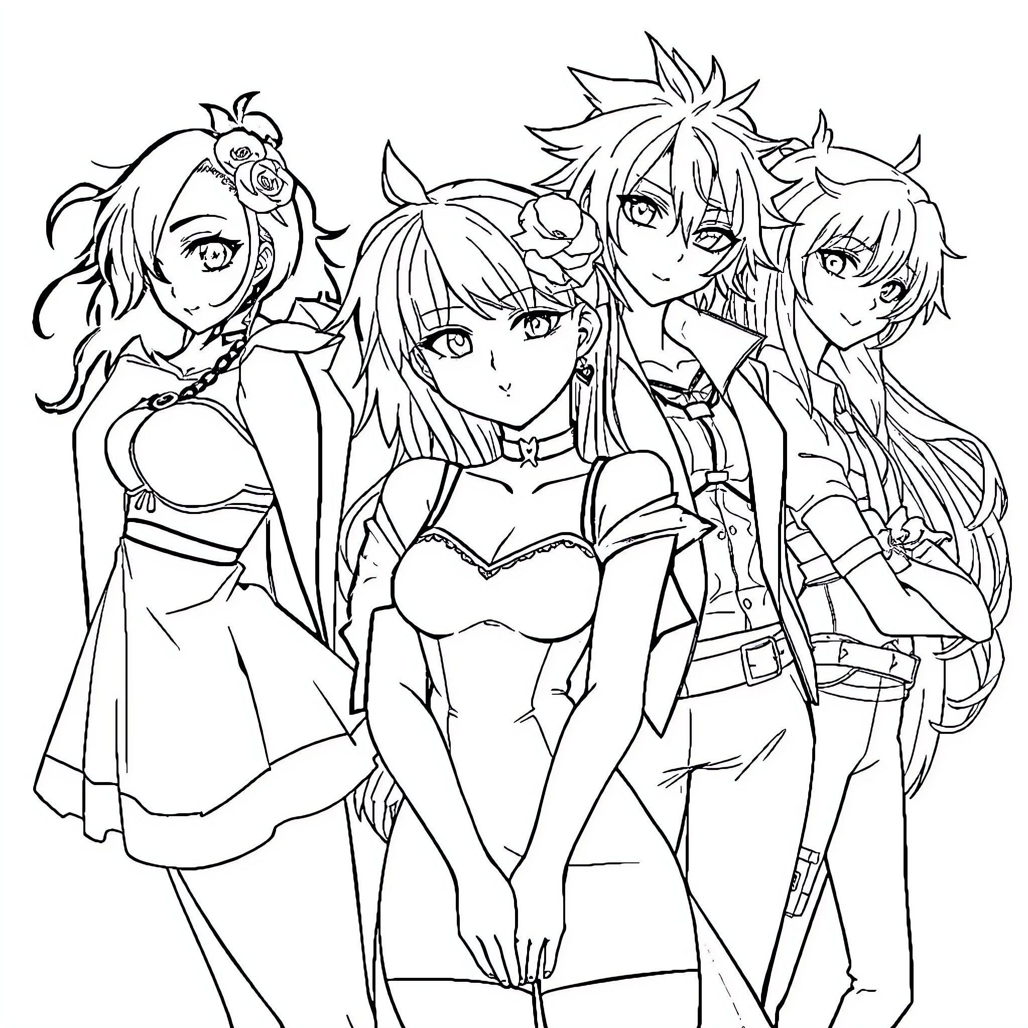 Anime Friends Gathering in Vibrant Attire Coloring Page (free black-and-white line drawing printable PDF for all, from beginners to advanced learners, including children, teens, adults, and seniors)