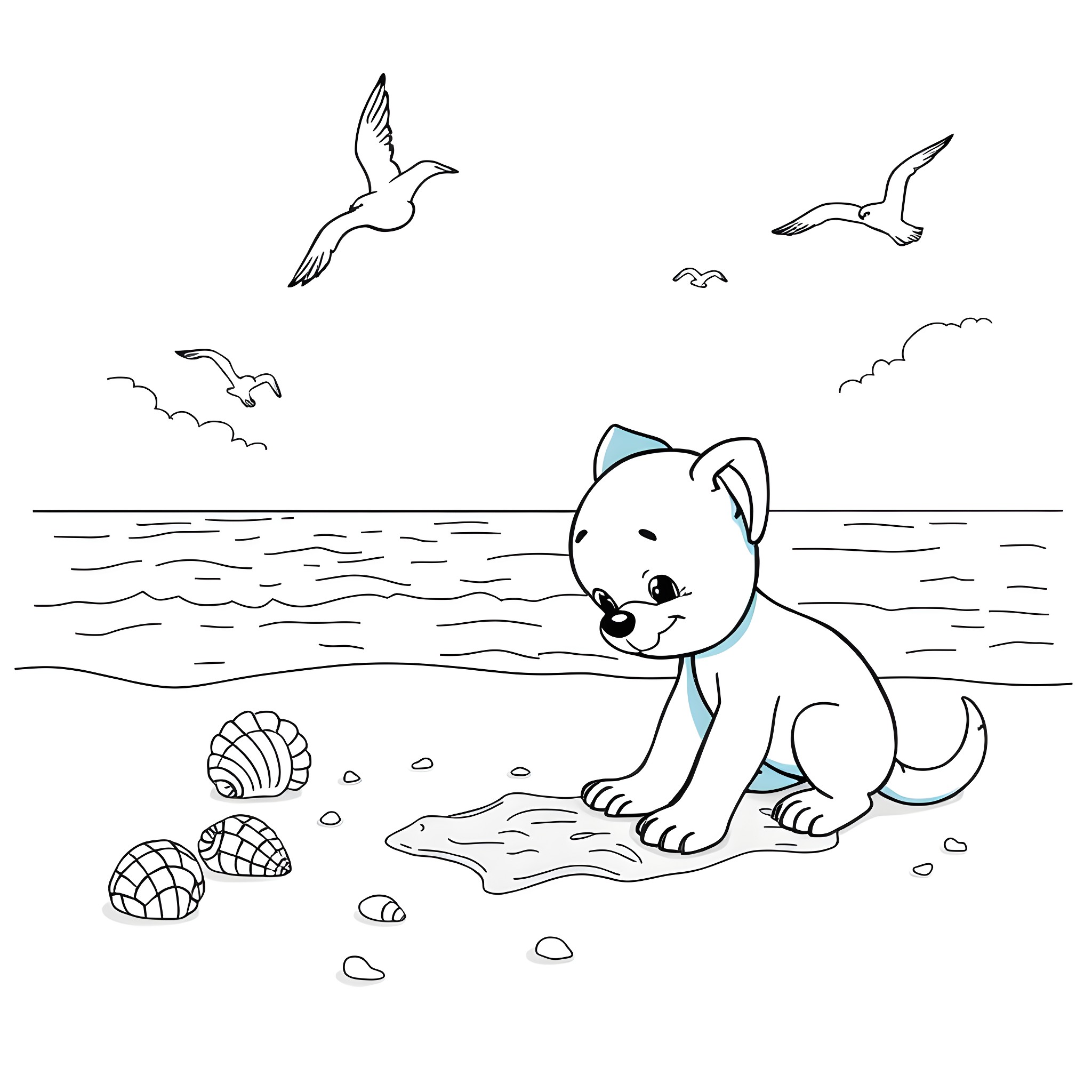 Bluey playing by the beach with seagulls Coloring Page (free black-and-white line drawing printable PDF for all, from beginners to advanced learners, including children, teens, adults, and seniors)