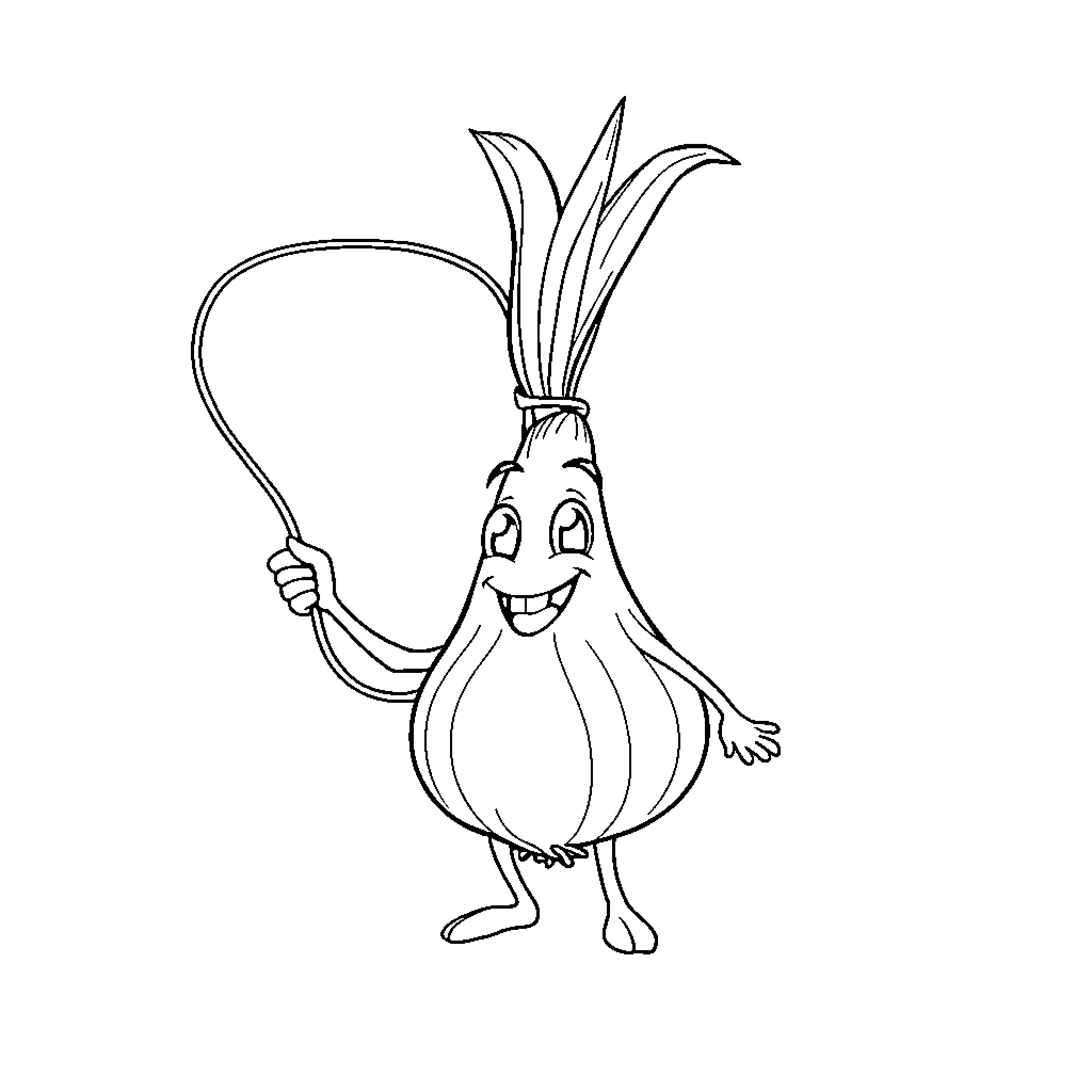 Onion with Cheerful Expression and Playful Pose Coloring Page (free black-and-white line drawing printable PDF for all, from beginners to advanced learners, including children, teens, adults, and seniors)