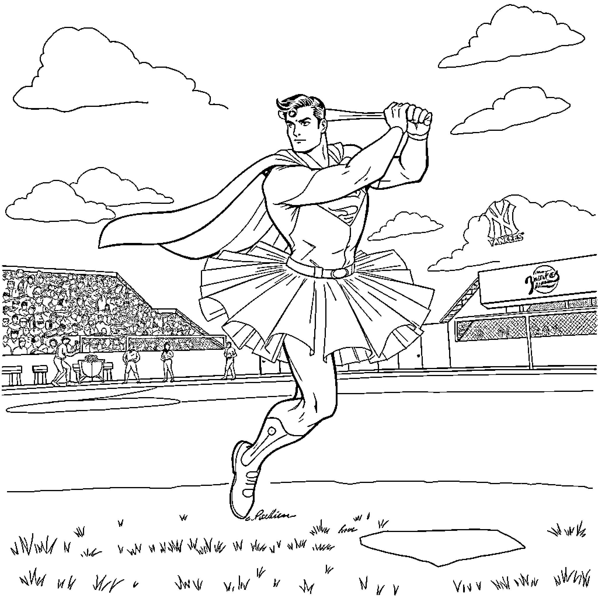 Superman heroically soaring over the city skyline Coloring Page (free black-and-white line drawing printable PDF for all, from beginners to advanced learners, including children, teens, adults, and seniors)