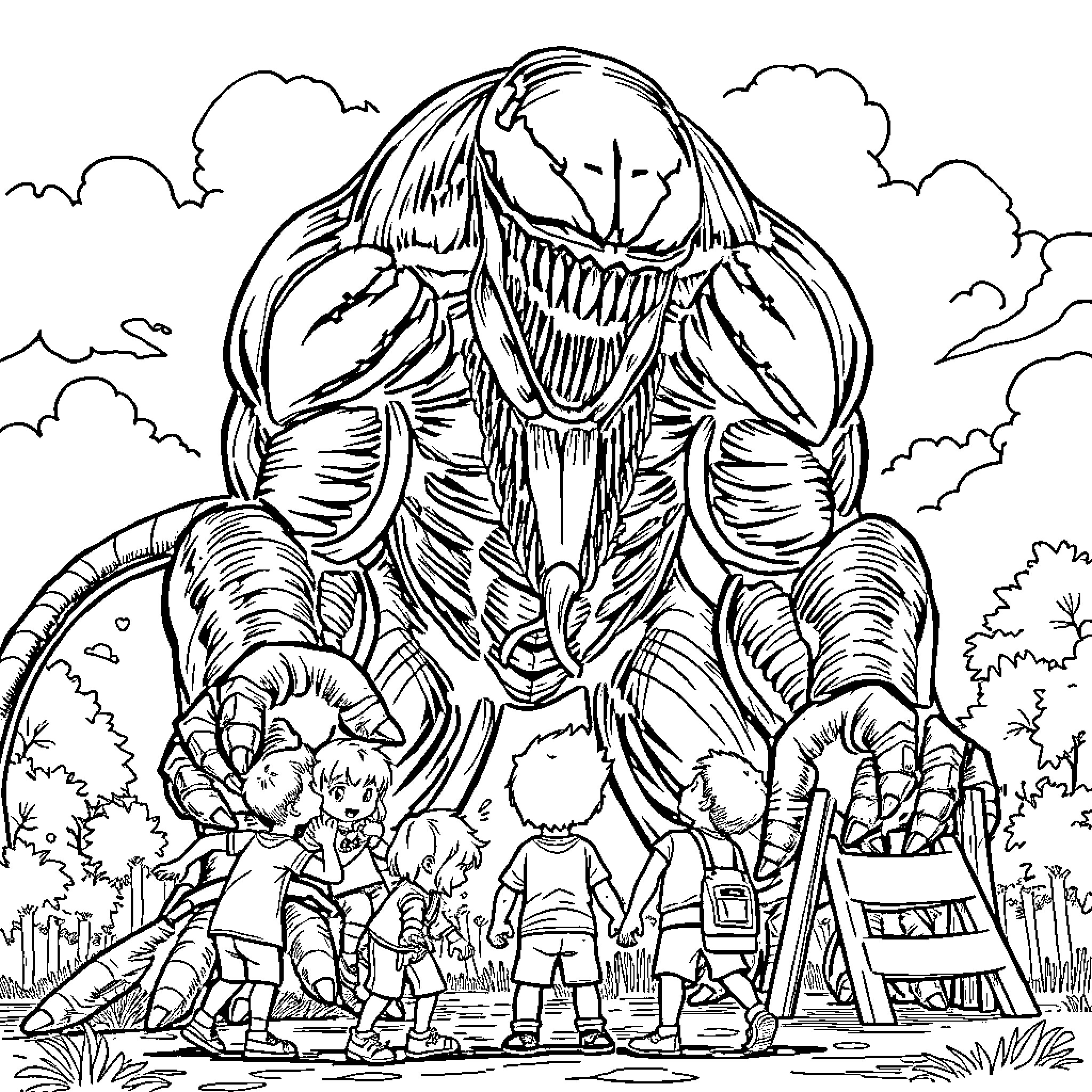 Venom: Monstrous Encounter with Curious Children Coloring Page (free black-and-white line drawing printable PDF for all, from beginners to advanced learners, including children, teens, adults, and seniors)