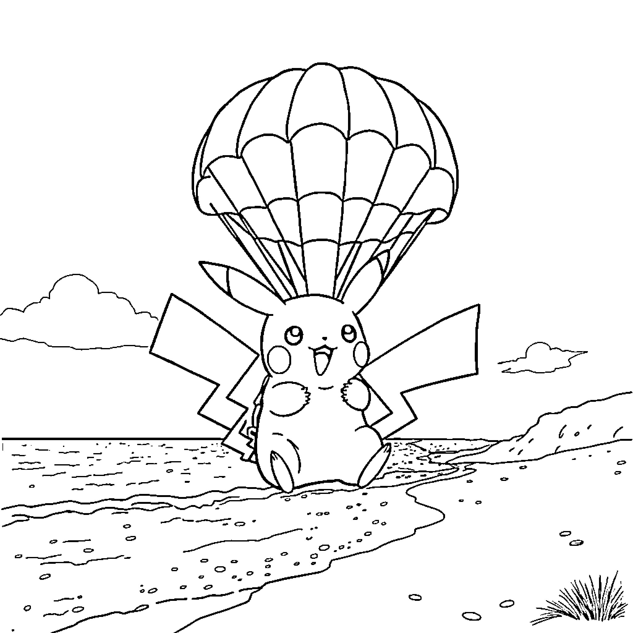 Pikachu parachuting down on the beach Coloring Page (free black-and-white line drawing printable PDF for all, from beginners to advanced learners, including children, teens, adults, and seniors)
