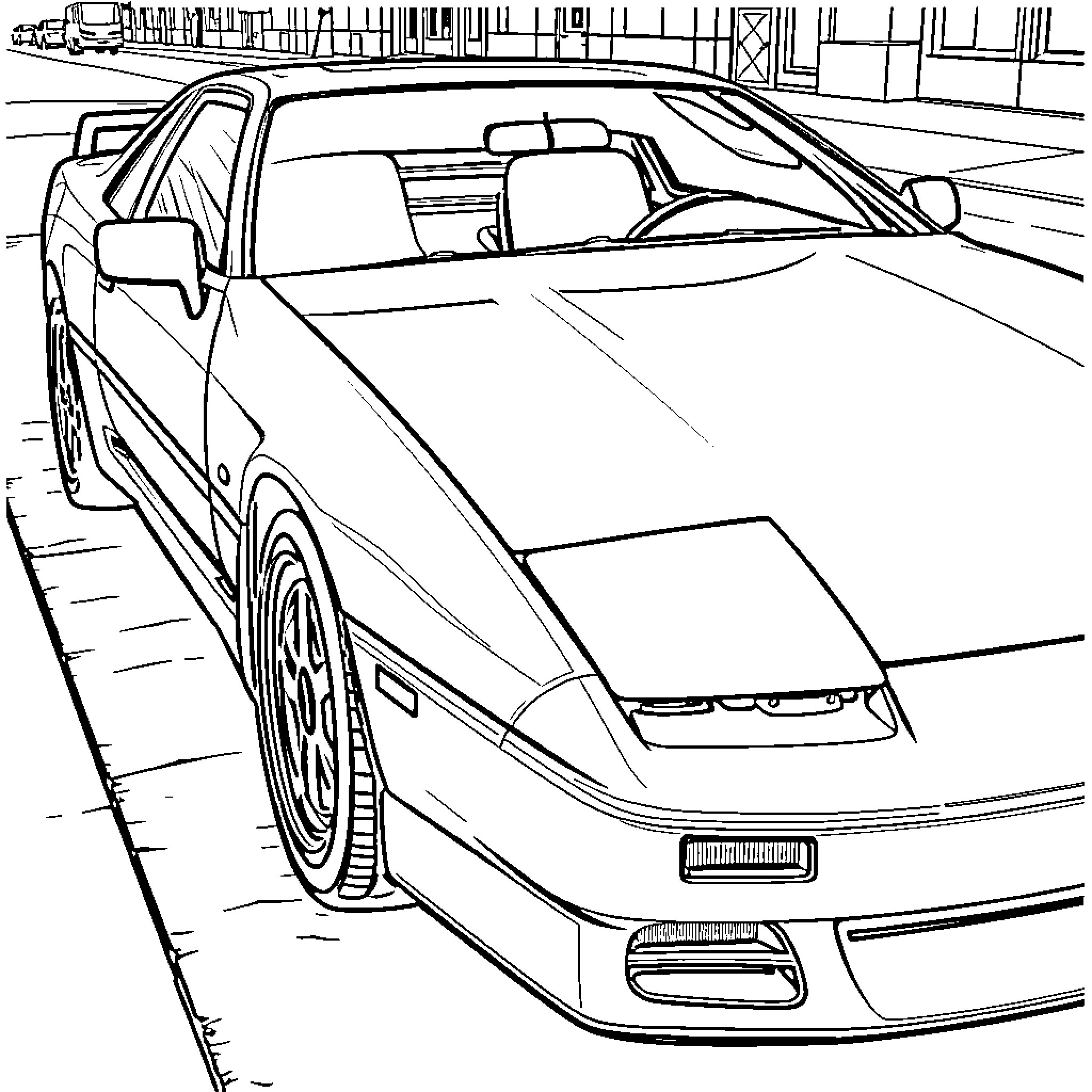 Mk3 Supra speeding down the road Coloring Page (free black-and-white line drawing printable PDF for all, from beginners to advanced learners, including children, teens, adults, and seniors)