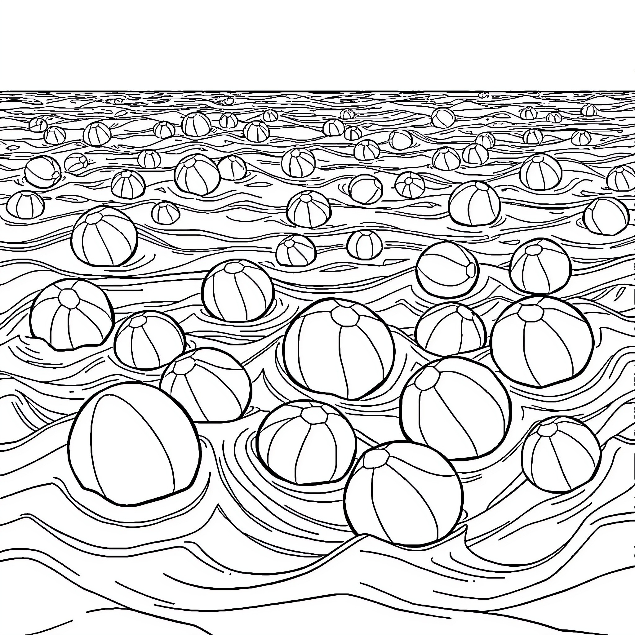 Breast Beach Balls Floating on Waves Coloring Page (free black-and-white line drawing printable PDF for all, from beginners to advanced learners, including children, teens, adults, and seniors)