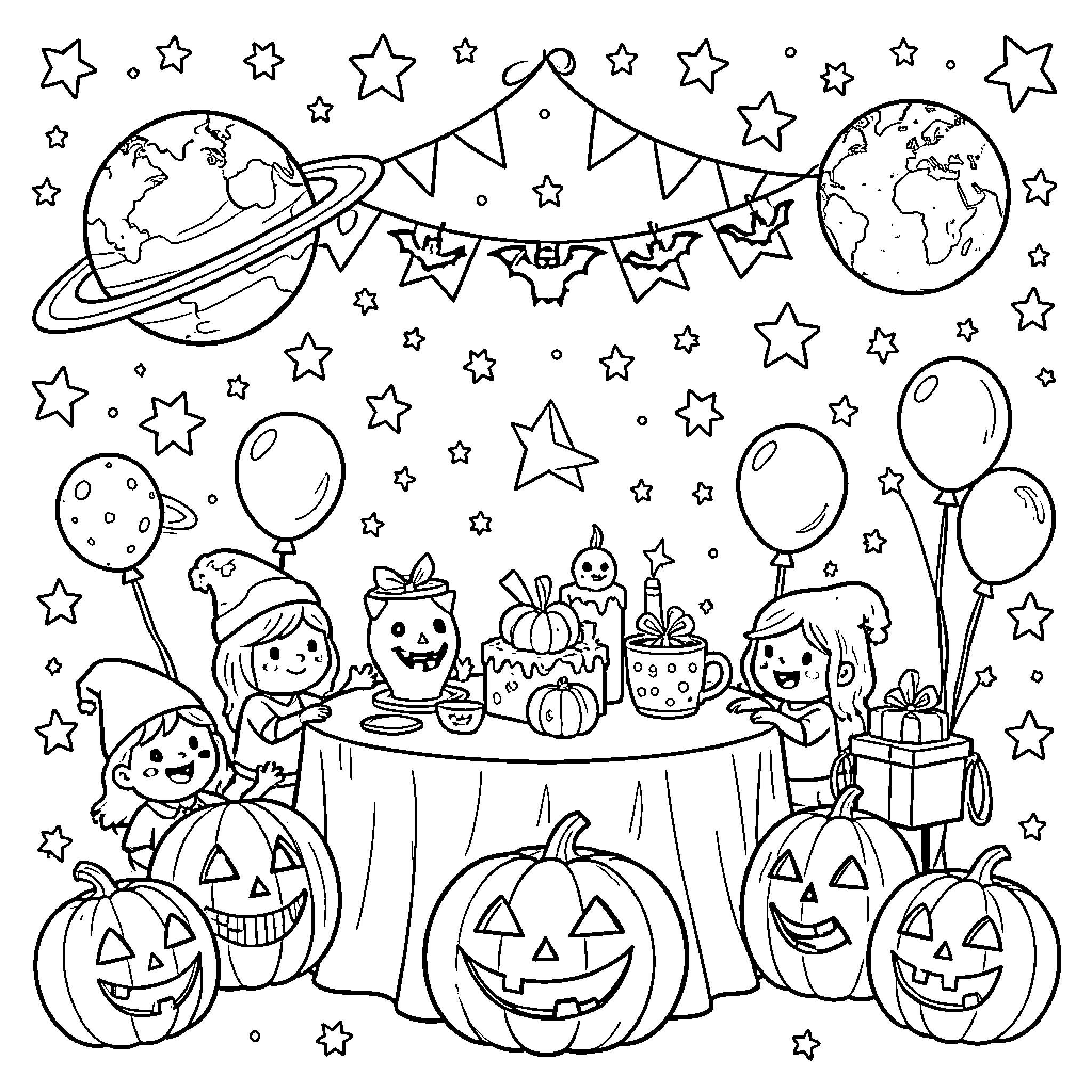 Halloween celebration with children, pumpkins, and celestial elements Coloring Page (free black-and-white line drawing printable PDF for all, from beginners to advanced learners, including children, teens, adults, and seniors)