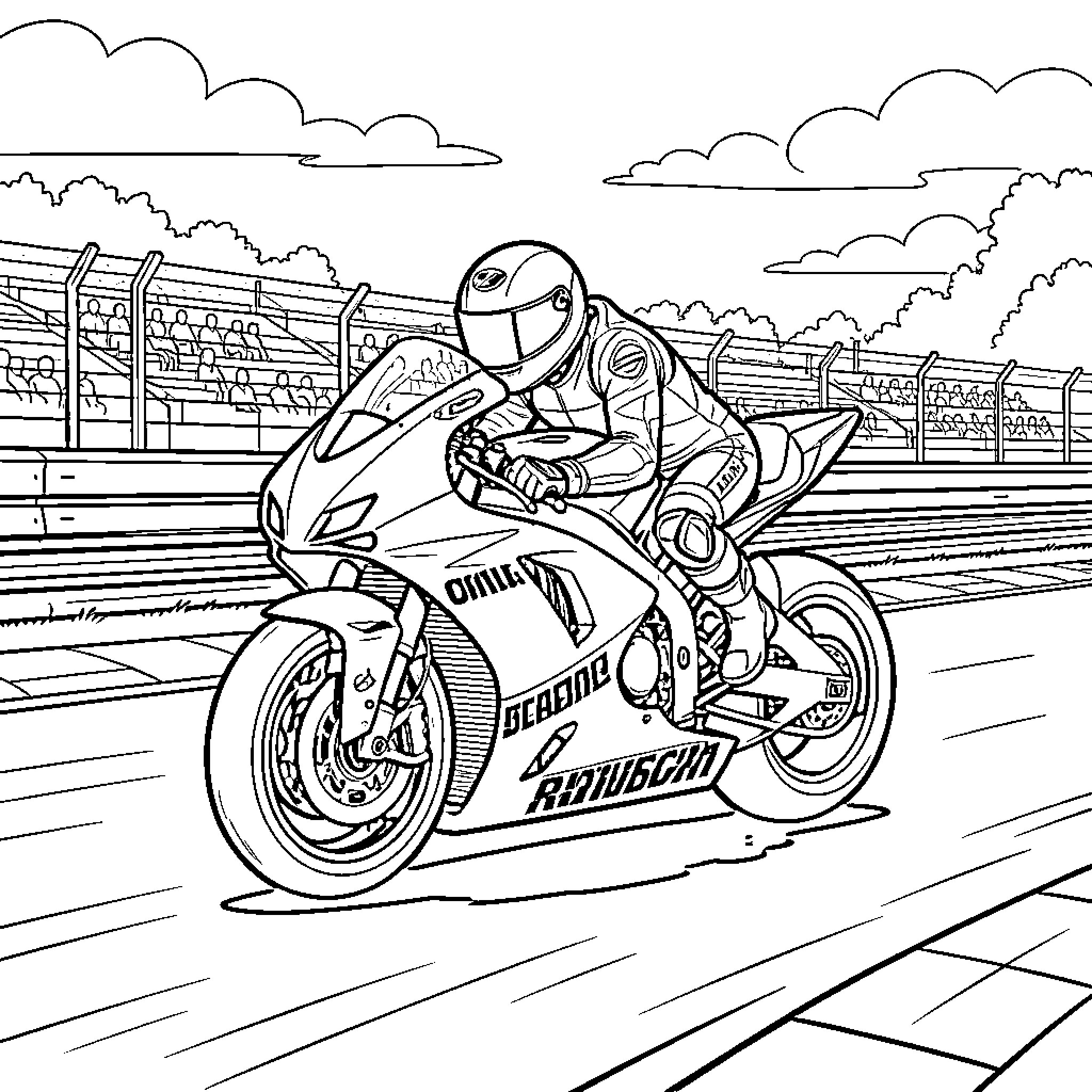 Motorcycle racer speeding on a professional track Coloring Page (free black-and-white line drawing printable PDF for all, from beginners to advanced learners, including children, teens, adults, and seniors)