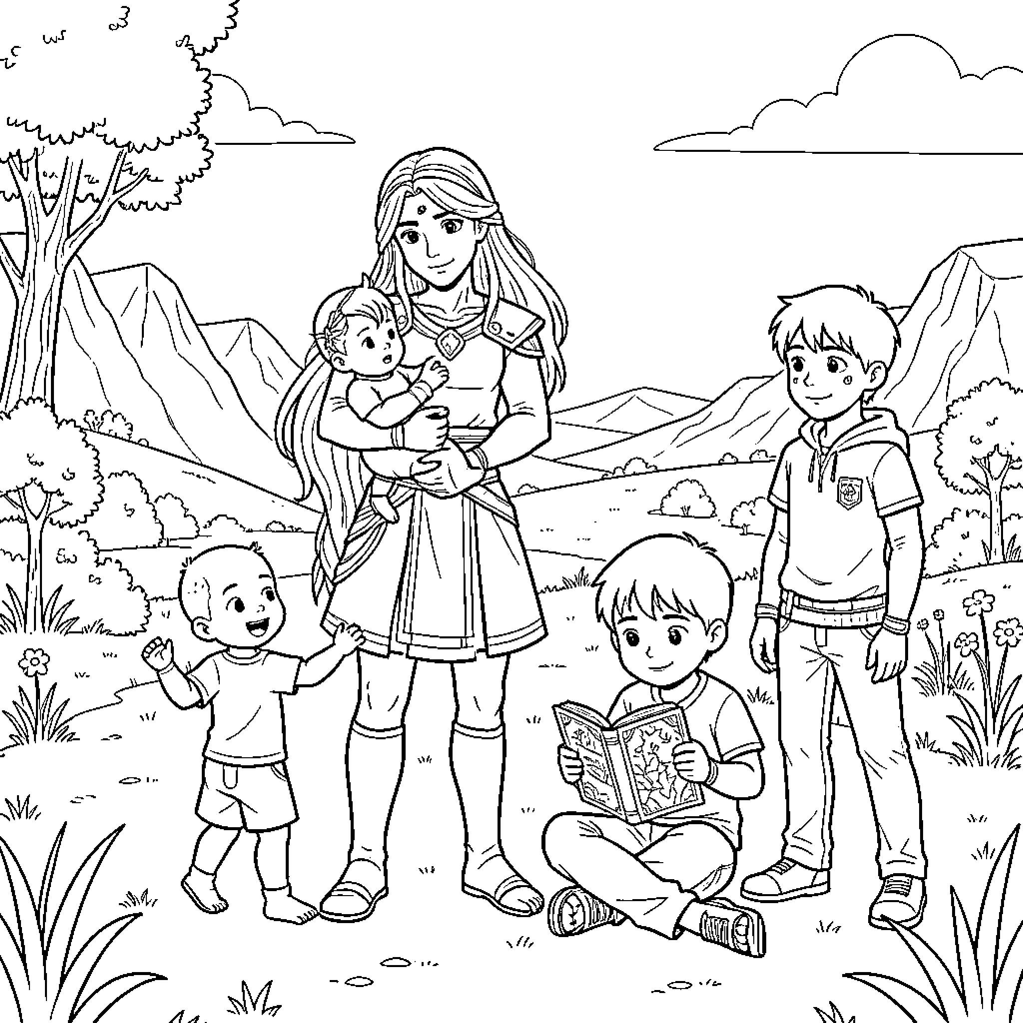 Percy and Annabeth with their children in nature Coloring Page (free black-and-white line drawing printable PDF for all, from beginners to advanced learners, including children, teens, adults, and seniors)